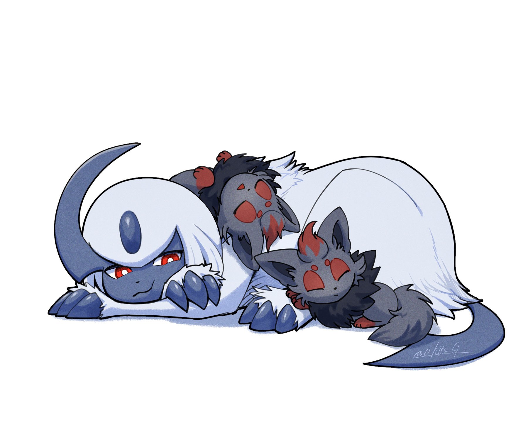 o hitu g, absol, zorua, nintendo, pokemon, commentary request, highres, animal focus, claws, closed eyes, closed mouth, gen 3 pokemon, gen 5 pokemon, horns, lying, no humans, pokemon (creature), pokemon focus, red eyes, shadow, single horn, sleeping, smile, white background