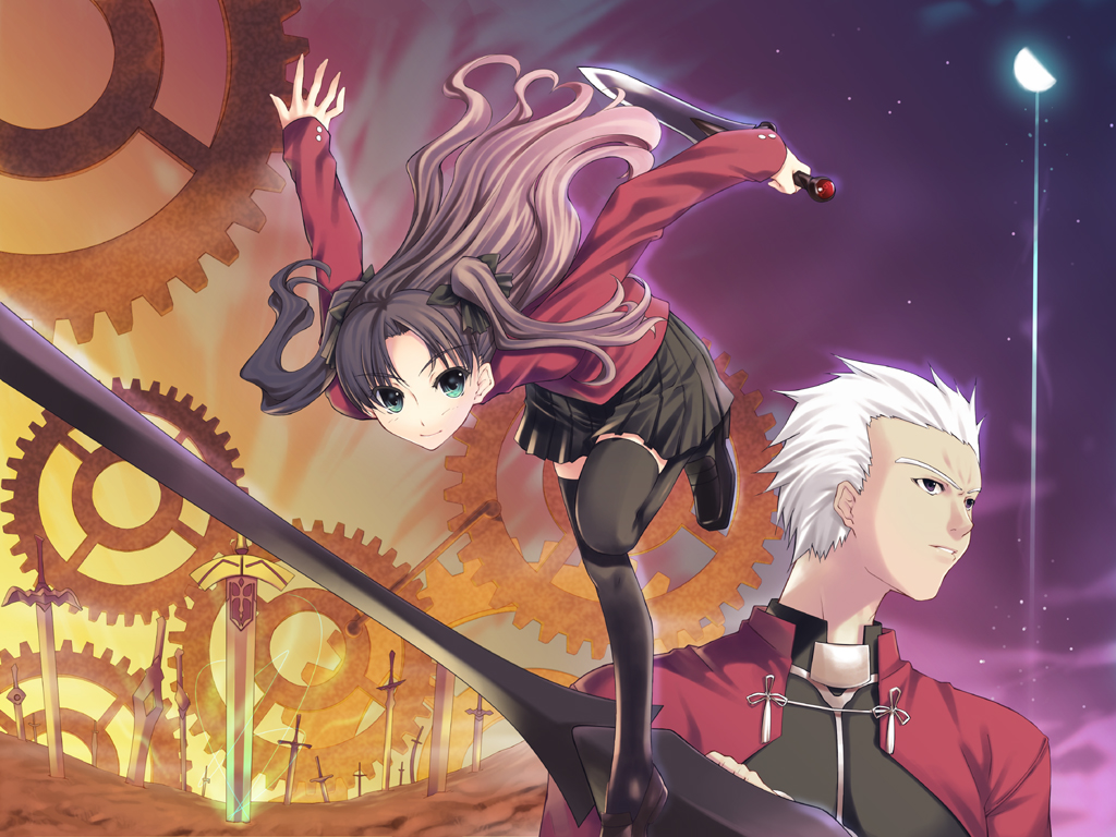 tachibana yuu, archer (fate), tohsaka rin, fate/stay night, fate (series), 00s, 1boy, 1girl, black thighhighs, dagger, dark-skinned male, dark skin, excalibur (fate/stay night), field of blades, gears, green eyes, knife, long hair, pleated skirt, skirt, sword, thighhighs, twintails, two side up, unlimited blade works (reality marble), weapon, white hair