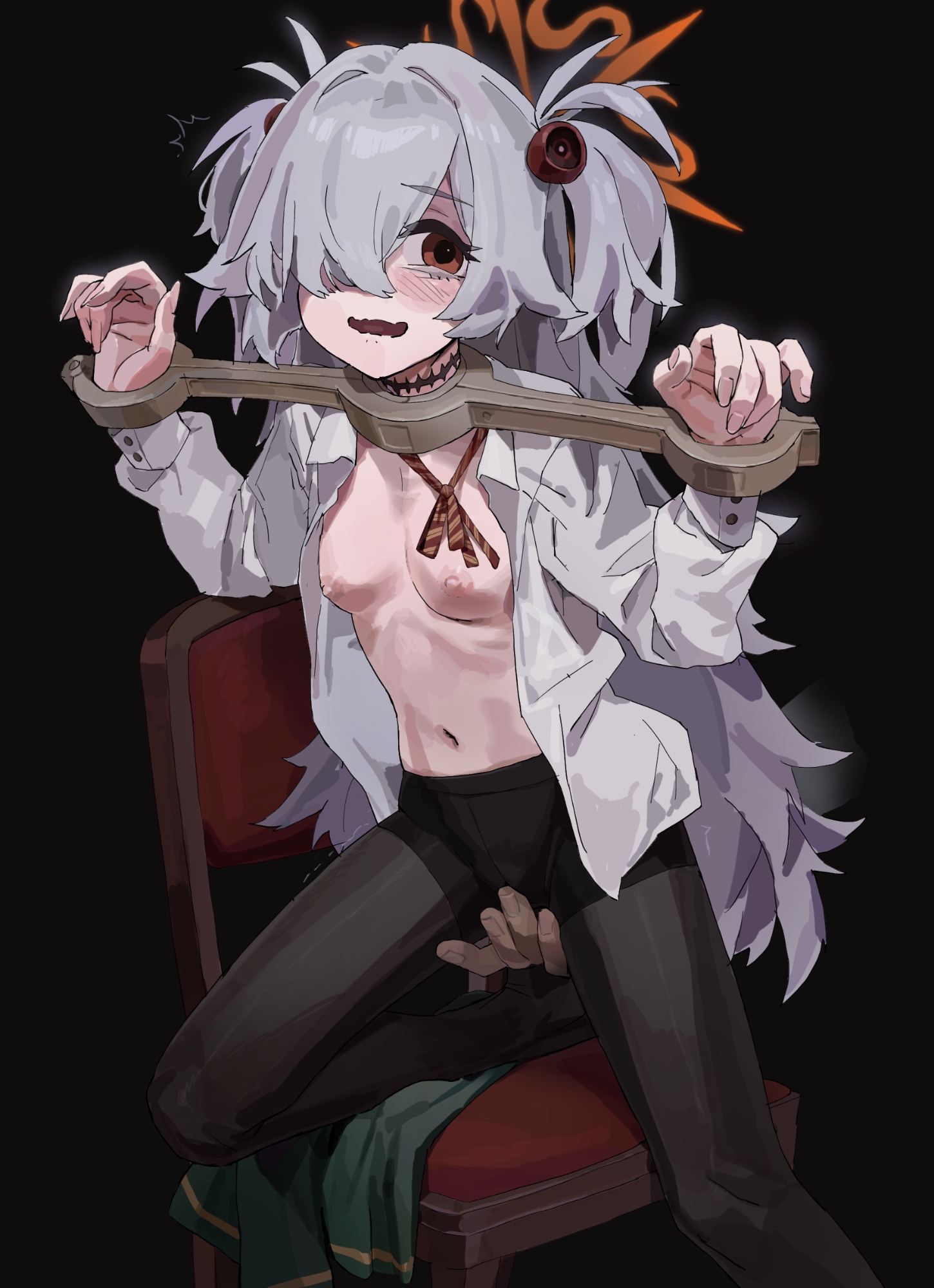 a tea, kanoe (blue archive), blue archive, highres, 1girl, black background, black pantyhose, blush, bow, bowtie, breasts, brown eyes, chair, clitoral stimulation, collared shirt, grey hair, hair over one eye, halo, long hair, looking to the side, navel, nipples, on chair, open mouth, pantyhose, pillory, red bow, red bowtie, restrained, shirt, skinde, small breasts, solo, stomach, twintails, unbuttoned, unbuttoned shirt, very long hair, white shirt