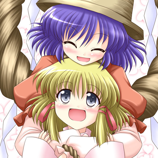 bococho, moriya suwako, yasaka kanako, touhou, 2girls, ^ ^, blonde hair, closed eyes, female focus, friends, grey eyes, hair ribbon, happy, hat, headwear switch, heart, heart background, height difference, hug, hug from behind, long sleeves, multiple girls, open mouth, puffy long sleeves, puffy short sleeves, puffy sleeves, purple hair, red ribbon, ribbon, rope, shimenawa, short hair, short sleeves, unworn hat, unworn headwear, white sleeves