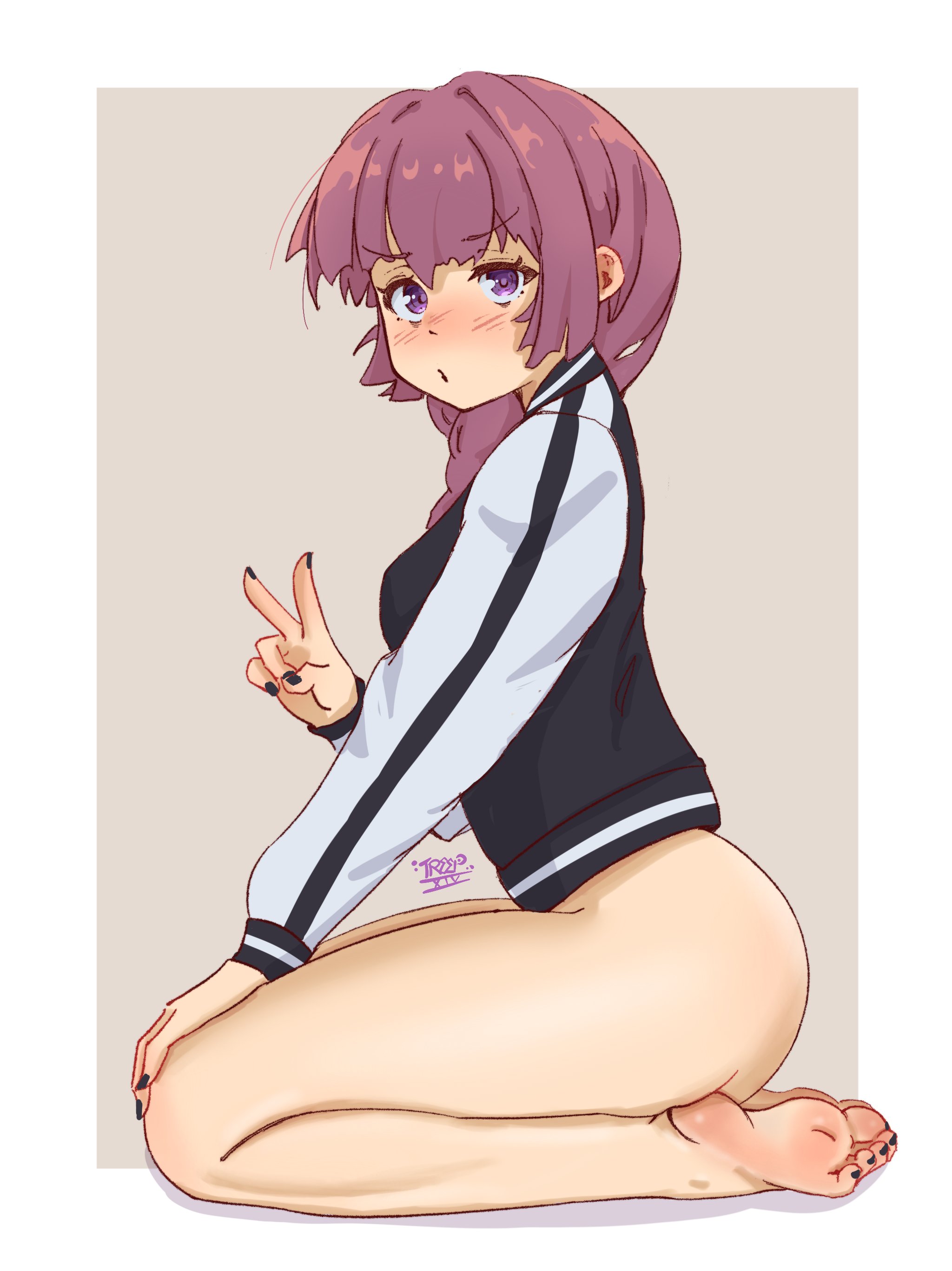 treepxiv, hiroi kikuri, bocchi the rock!, absurdres, highres, 1girl, ass, barefoot, black jacket, black nails, blush, border, bottomless, breasts, feet, full body, grey background, hair over shoulder, jacket, long hair, long sleeves, looking at viewer, multicolored jacket, nail polish, open mouth, purple eyes, purple hair, seiza, short hair, sitting, small breasts, solo, toenail polish, toenails, two-tone jacket, v-shaped eyebrows, white border, white jacket