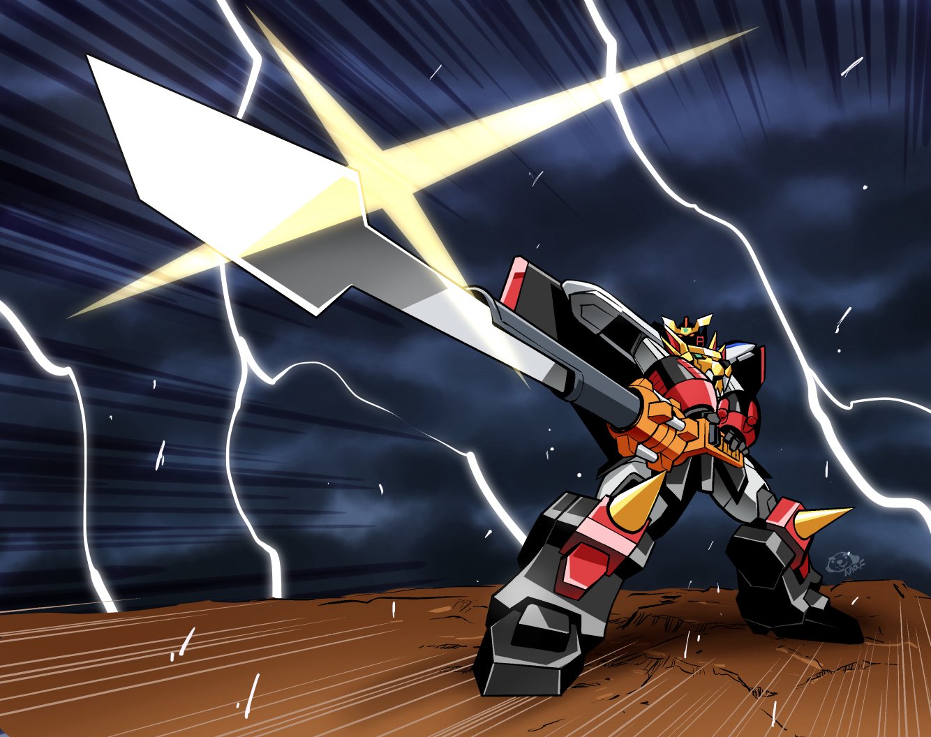 fujisawa naoyuki, gaogaigar, yuusha ou gaogaigar, yuusha series, armor, clenched hands, dividing driver, drill, holding, lightning, looking at viewer, mecha, no humans, robot, science fiction, solo, standing, sunrise stance, super robot, v-fin, weapon, wings