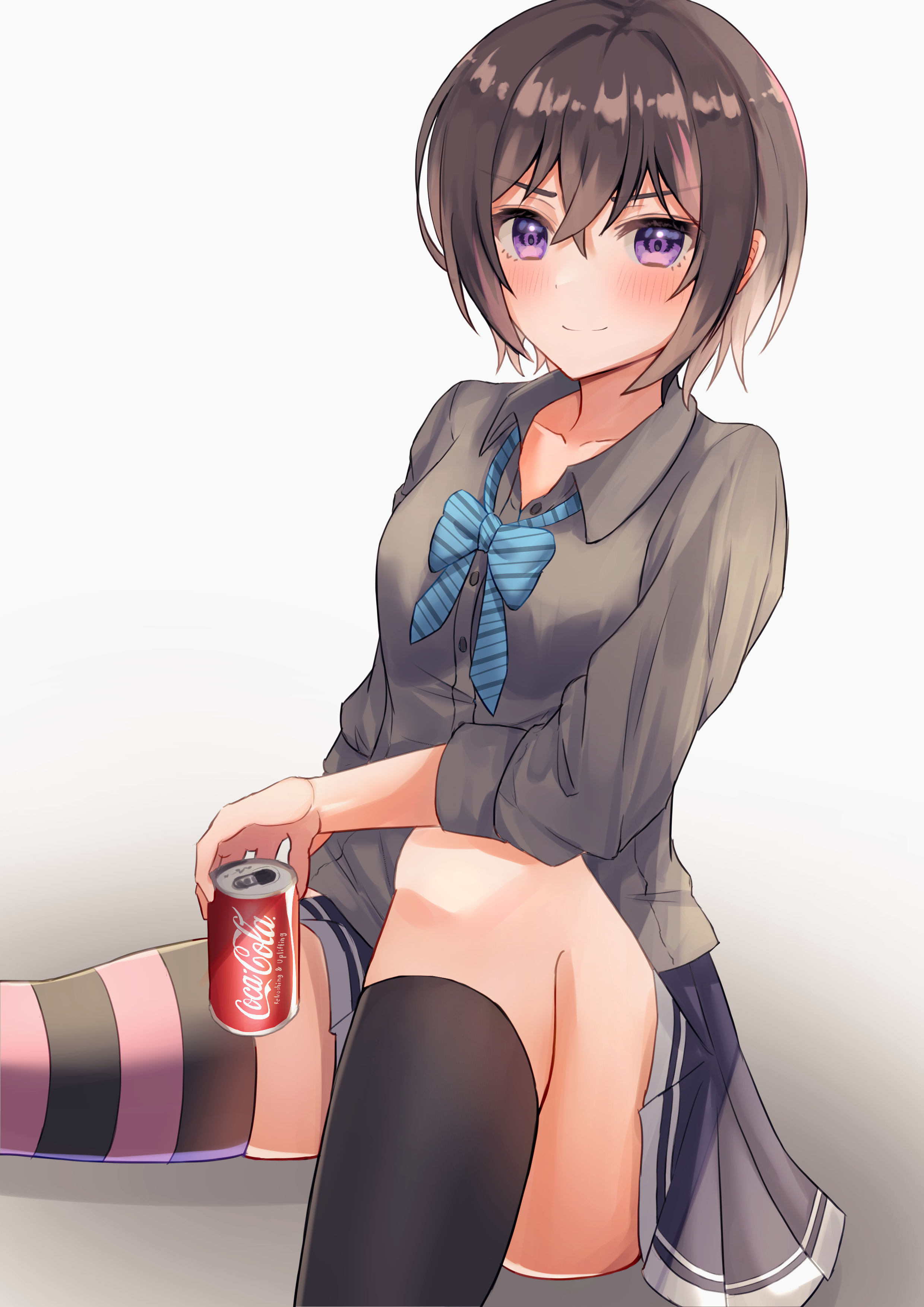 hama (daisekken), yuuki riku, ongeki, absurdres, highres, 1girl, asymmetrical legwear, belt, black hair, black shirt, black shoes, black skirt, black socks, black thighhighs, blazer, blue bow, blue bowtie, bow, bowtie, breasts, chair, closed mouth, collared shirt, crossed bangs, dress shirt, full body, hair between eyes, holding, horizontal-striped thighhighs, jacket, long sleeves, looking at viewer, miniskirt, mismatched legwear, multicolored hair, paw pose, pink belt, pink hair, pink thighhighs, pleated skirt, purple eyes, red ribbon, restaurant, ribbon, school uniform, shirt, shoes, short hair, simple background, single sock, single thighhigh, sitting, skirt, sleeves past wrists, small breasts, smile, socks, solo, streaked hair, striped clothes, striped thighhighs, thighhighs, two-tone hair, two-tone thighhighs, uneven legwear, v-shaped eyebrows, white background