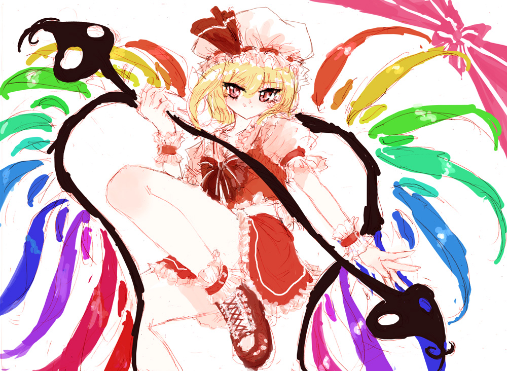 tsurui, flandre scarlet, touhou, cross-laced footwear, 1girl, :q, alternate wings, blonde hair, colorful, female focus, hat, laevatein, looking at viewer, mob cap, red eyes, smile, solo, tongue, tongue out, tsurime, wings, wrist cuffs