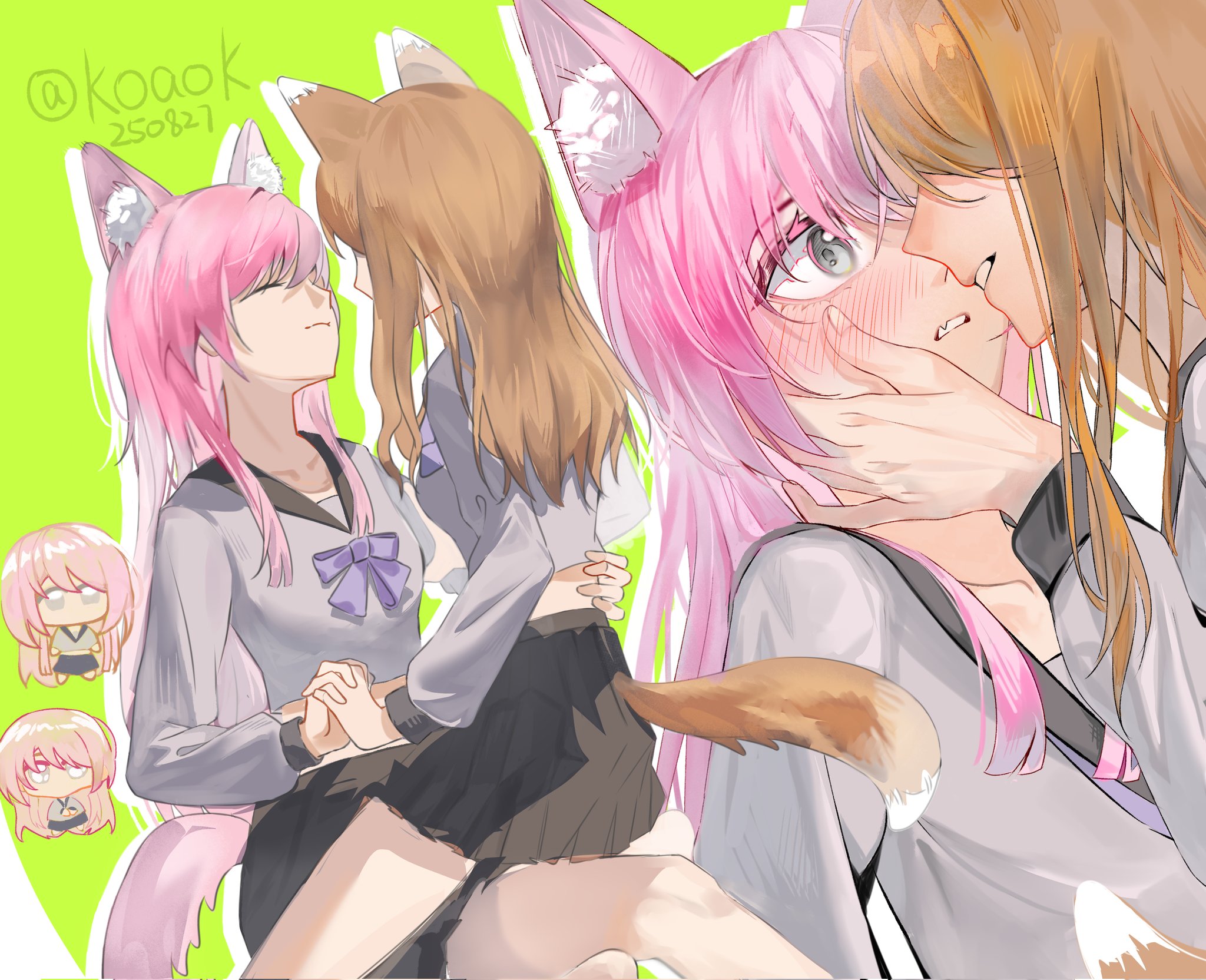 koaok, chihaya anon, nagasaki soyo, bang dream!, bang dream! it's mygo!!!!!, chinese commentary, commentary request, highres, 2girls, animal ears, black sailor collar, black skirt, blush, bow, bowtie, brown hair, fox ears, fox girl, fox tail, green background, grey eyes, grey shirt, hand on another's face, hand on another's waist, holding hands, interlocked fingers, kemonomimi mode, long hair, long sleeves, multiple girls, outline, pink hair, pleated skirt, purple bow, purple bowtie, sailor collar, school uniform, serafuku, shirt, simple background, sitting, sitting on lap, sitting on person, skirt, tail, white outline, yuri