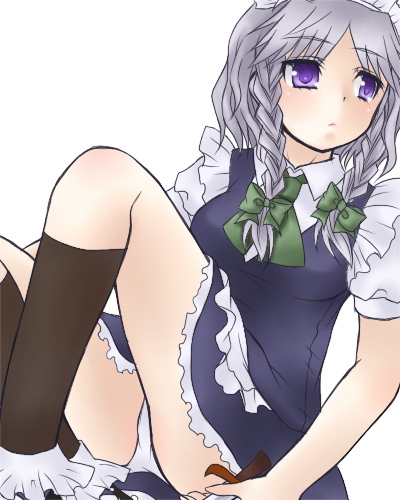 jyako, izayoi sakuya, touhou, silver hair, lowres, 1girl, braid, female focus, hair ribbon, panties, pantyshot, ribbon, short hair, solo, twin braids, underwear