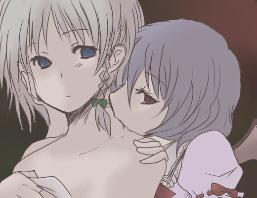 toto (hitori othello), izayoi sakuya, remilia scarlet, touhou, 2girls, bare shoulders, biting, braid, female focus, gradient background, hitori osero, multiple girls, neck biting, upper body, vampire