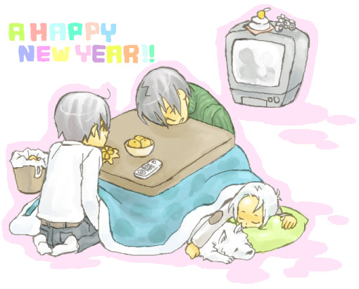 kino (kino no tabi), riku (kino no tabi), shizu (kino no tabi), tea (kino no tabi), kino no tabi, silver hair, 00s, 1boy, 2girls, black hair, bowl, controller, dog, food, fruit, happy new year, kotatsu, mandarin orange, multiple girls, new year, pillow, remote control, reverse trap, short hair, sleeping, socks, table, television, trash can