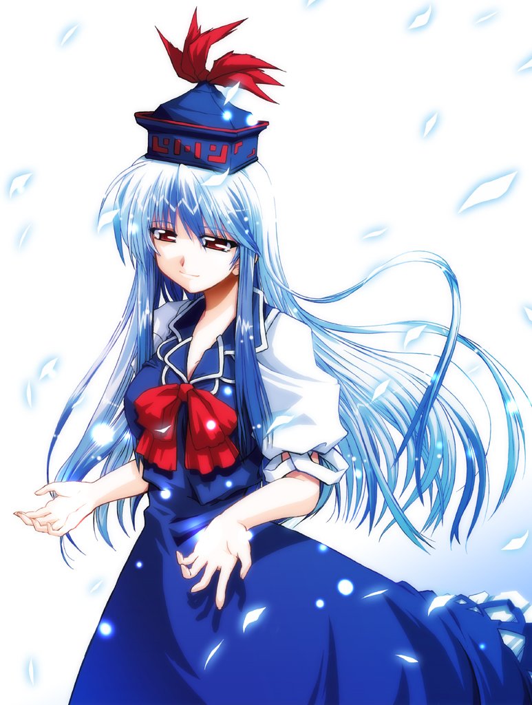 takana shinno, kamishirasawa keine, touhou, eyebrows, 1girl, blue dress, blue hair, bow, closed mouth, dress, female focus, hat, long hair, puffy short sleeves, puffy sleeves, red bow, red eyes, short sleeves, simple background, solo, white background