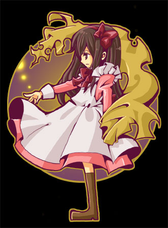 hong meiling, kino (kino no tabi), kino no tabi, lowres, 00s, 1girl, aged down, apron, black background, black eyes, boots, bow, bowtie, brown boots, brown hair, closed mouth, dress, expressionless, female focus, from side, full body, hair bow, hairband, juliet sleeves, knee boots, long hair, long sleeves, pink dress, pointing, pointing forward, puffy sleeves, red bow, red bowtie, red hairband, simple background, sleeve cuffs, solo, standing, white apron
