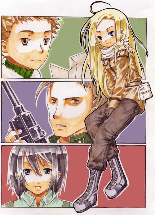 allison whittington, carr benedict, fiona (allison & lillia), wilhelm schultz, allison & lillia, 00s, 2boys, 2girls, ahoge, belt, blonde hair, blue eyes, blush, boots, gloves, grey eyes, grey hair, gun, jacket, long hair, multiple boys, multiple girls, scarf, short hair, smile, weapon