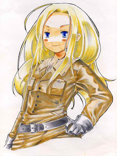 allison whittington, allison & lillia, lowres, 00s, belt, blonde hair, blue eyes, blush, gloves, hand on own hip, hip focus, smile, solo