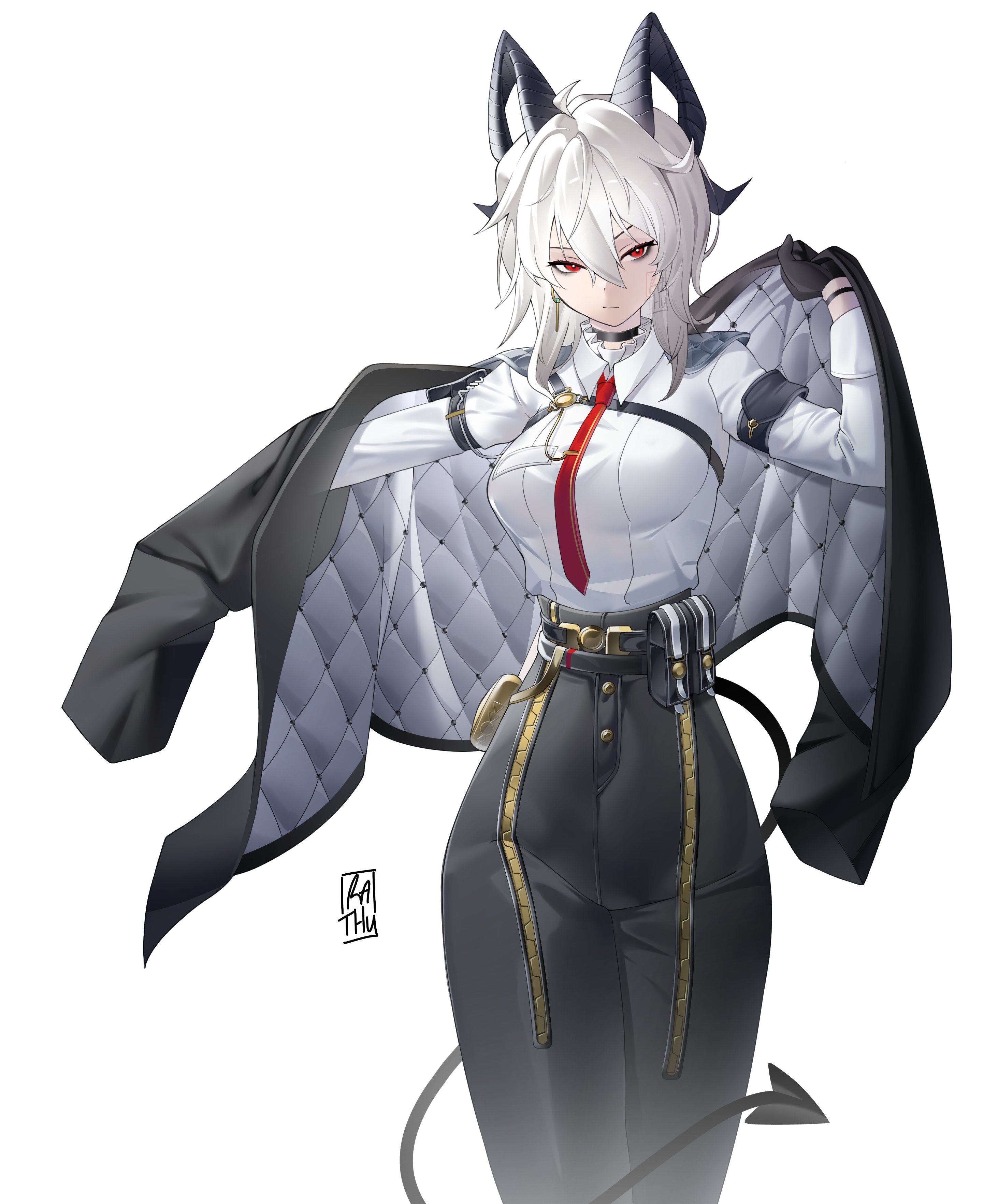 zani (wuthering waves), wuthering waves, absurdres, commentary, highres, 1girl, ahoge, arm pouch, armband, black armband, black choker, black gloves, black horns, black jacket, black pants, black tail, breasts, chest harness, choker, closed mouth, collared shirt, cowboy shot, curled horns, demon tail, earrings, gloves, hair between eyes, harness, high-waist pants, horns, jacket, jewelry, key earrings, long hair, looking at viewer, medium breasts, necktie, pants, rathyvt, red eyes, red necktie, shirt, shirt tucked in, signature, simple background, solo, tail, tight clothes, tight pants, white background, white hair, white shirt