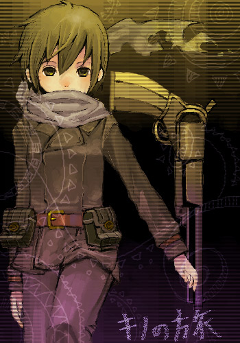 kino (kino no tabi), kino no tabi, lowres, 00s, 1girl, androgynous, belt, female focus, green eyes, green hair, gun, handgun, matching hair/eyes, pouch, reverse trap, revolver, scarf, solo, tomboy, weapon