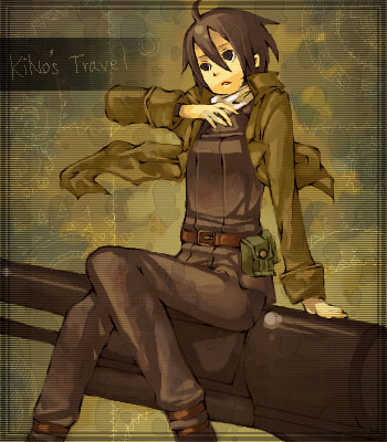 kino (kino no tabi), kino no tabi, lowres, 00s, 1girl, androgynous, coat, copyright name, female focus, gun, handgun, reverse trap, revolver, scarf, solo, tomboy, weapon