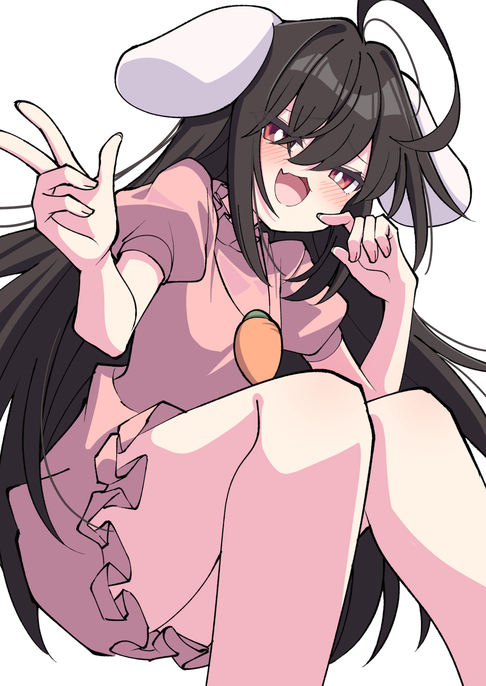 tsukimirin, inaba tewi, touhou, highres, 1girl, ahoge, alternate hair length, alternate hairstyle, animal ears, black hair, bright pupils, carrot necklace, dress, fang, feet out of frame, floppy ears, frilled dress, frills, hair between eyes, hair intakes, hand up, huge ahoge, jewelry, long hair, looking at viewer, necklace, open mouth, pink dress, puffy short sleeves, puffy sleeves, rabbit ears, rabbit girl, red eyes, short sleeves, simple background, sitting, skin fang, smile, solo, very long hair, w, white background, white pupils