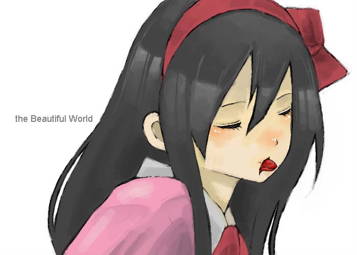 kino (kino no tabi), kino no tabi, 00s, 1girl, black hair, closed eyes, english text, female focus, long hair, ribbon, solo, tongue