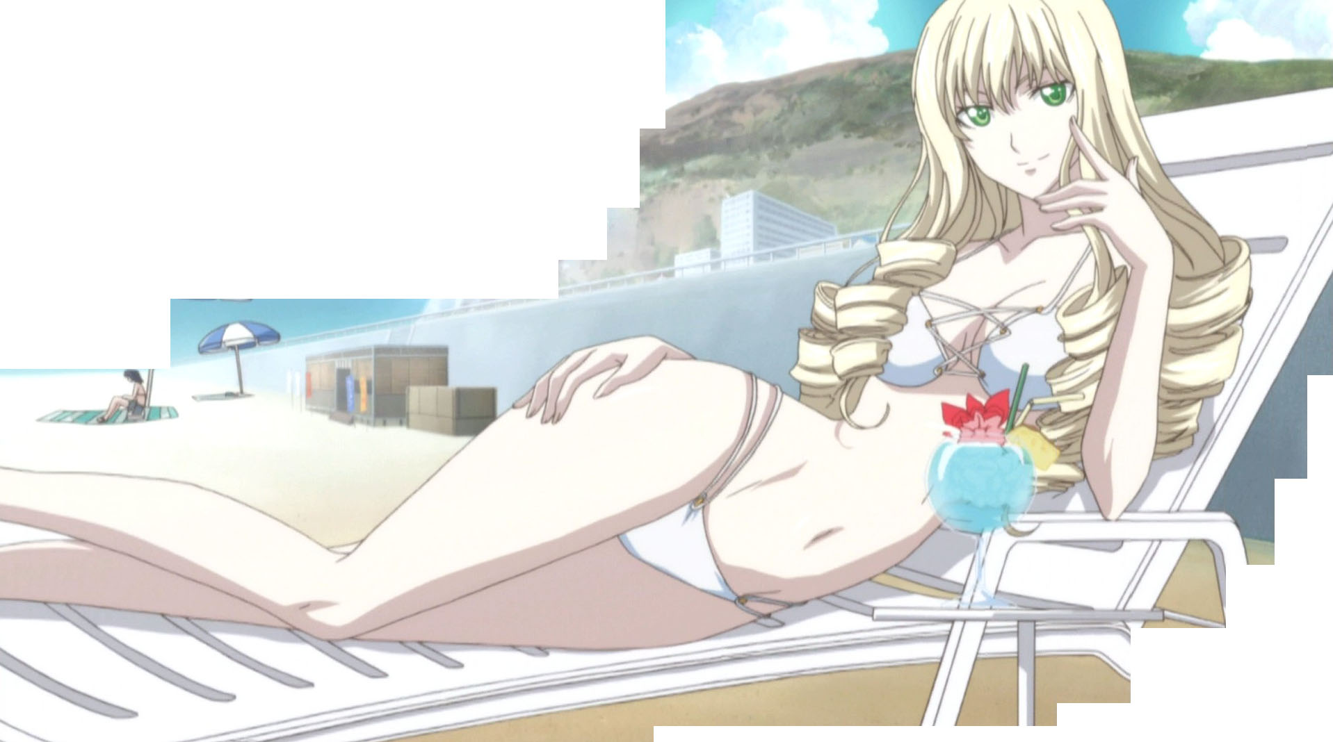 adilisia lenn mathers, rental magica, anime screenshot, highres, stitched, third-party edit, 00s, beach, bikini, chair, drill hair, lounge chair, lying, solo, swimsuit, white bikini