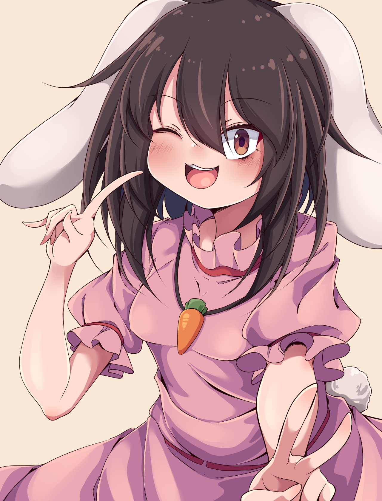 siw0n, inaba tewi, touhou, commentary request, highres, textless version, 1girl, animal ears, black hair, blush, breasts, brown eyes, carrot necklace, cowboy shot, dress, floppy ears, frilled sleeves, frills, index finger raised, jewelry, looking at viewer, medium hair, necklace, one eye closed, open mouth, pink dress, puffy short sleeves, puffy sleeves, rabbit ears, rabbit girl, rabbit tail, short sleeves, small breasts, smile, solo, tail