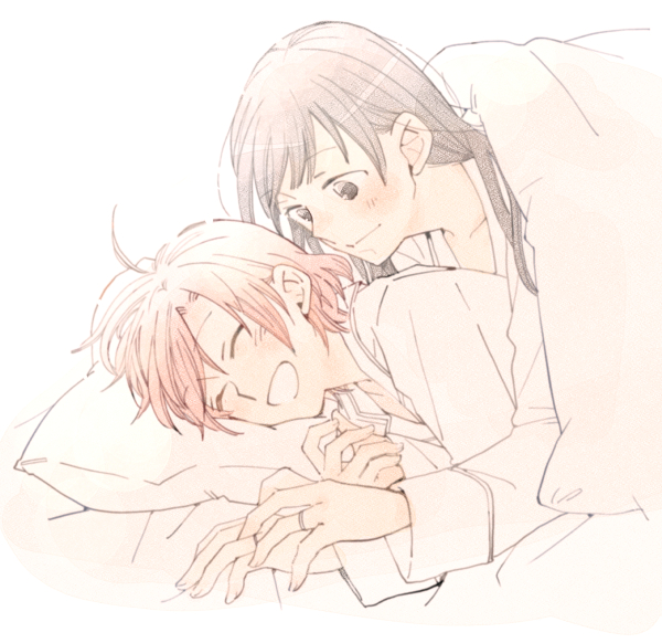 ponpocoponco, 2girls, black hair, copyright name, couple, long hair, maekawa akane, multiple girls, on bed, red hair, shimizu makoto, simple background, smile, still sick, white background, yuri