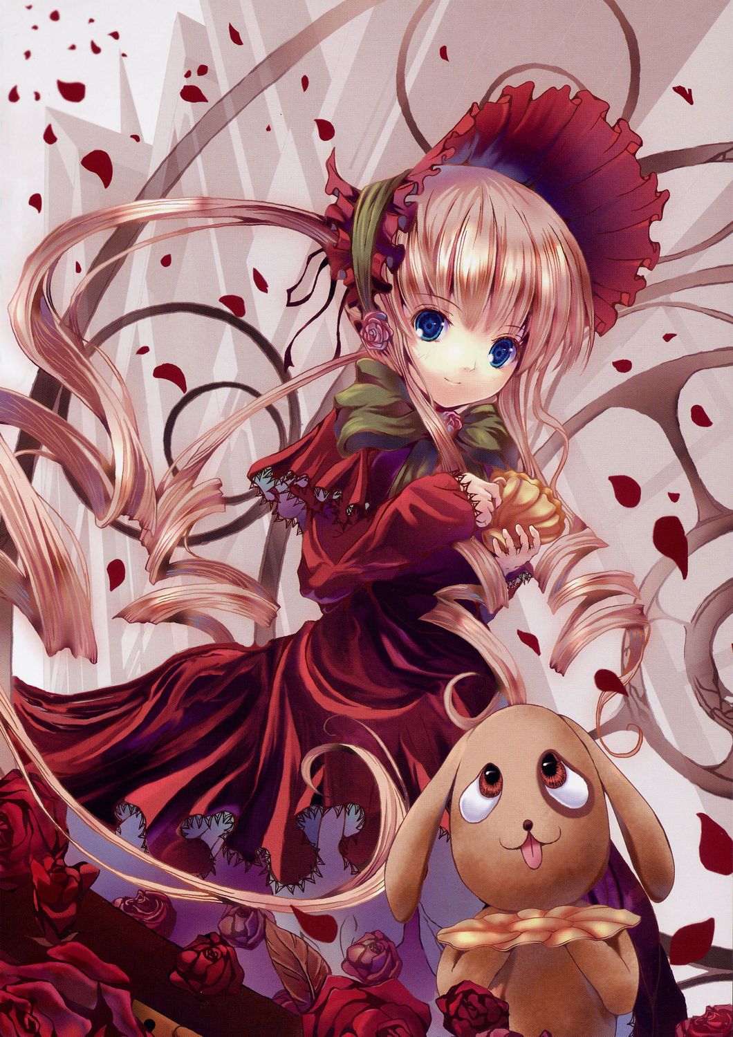 yamamoto nori, kunkun, shinku, rozen maiden, highres, 00s, 1girl, blonde hair, blue eyes, bonnet, bow, cup, dress, drill hair, female focus, flower, lace, long hair, petals, red dress, ribbon, rose, smile, solo, teacup, twintails, very long hair