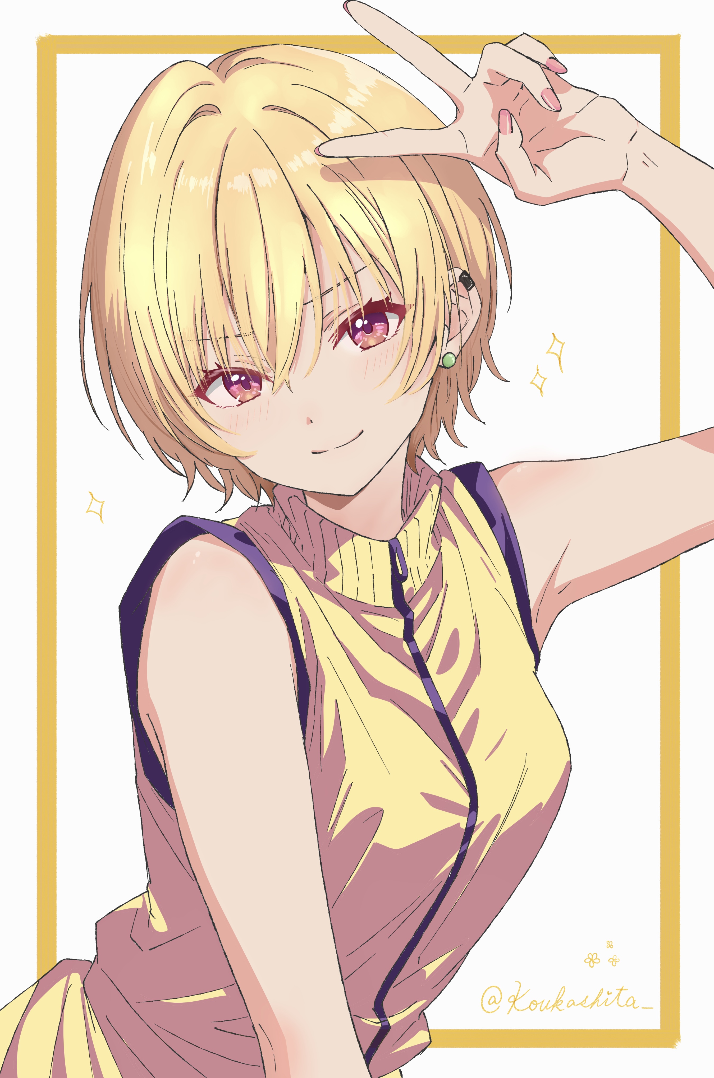 koukashita, saijo juri, idolmaster, idolmaster shiny colors, absurdres, commentary request, highres, 1girl, arm up, armpits, blonde hair, blush, breasts, earclip, earrings, fingernails, jacket, jewelry, nail polish, short hair, sleeveless, sleeveless jacket, small breasts, smile, solo, sparkle, twitter username, upper body, v, yellow jacket