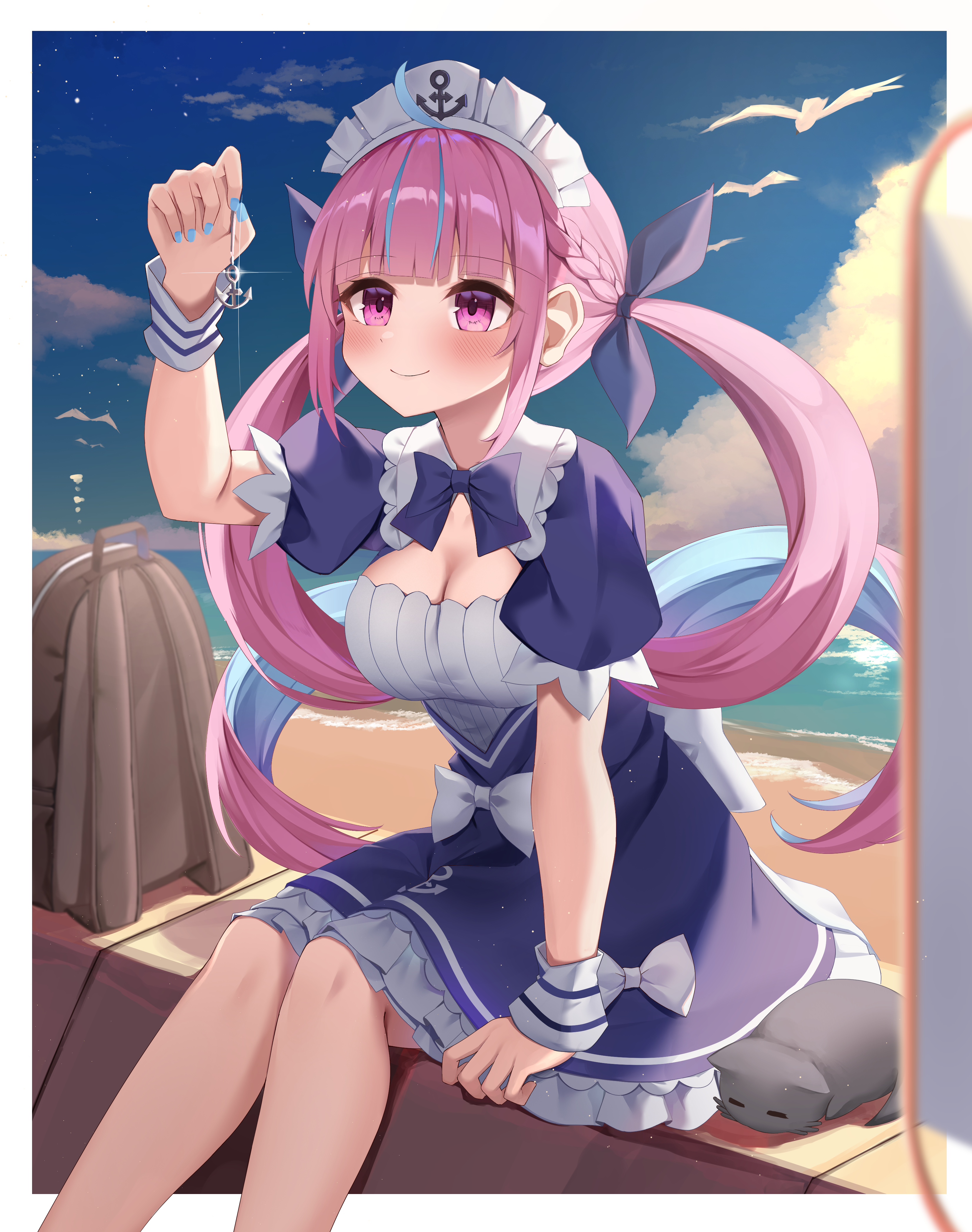 cet (hajisirazunoko), minato aqua, minato aqua (1st costume), hololive, absurdres, highres, 1girl, ahoge, anchor hat ornament, anchor symbol, backpack, bag, beach, bird, black bag, black cat, blue bow, blue bowtie, blue dress, blue hair, blue nails, blue ribbon, blue sky, blush, border, bow, bowtie, braid, breasts, cat, cleavage, closed mouth, cloud, cloudy sky, colored inner hair, curly hair, day, dress, fingernails, hair ribbon, hat ornament, holding, large breasts, long hair, maid, maid headdress, multicolored hair, nail polish, ocean, outdoors, pink eyes, pink hair, ribbon, sand, seagull, short sleeves, sky, smile, star (sky), starry sky, streaked hair, twintails, two-tone hair, unworn backpack, unworn bag, virtual youtuber, white border, white wrist cuffs, wrist cuffs