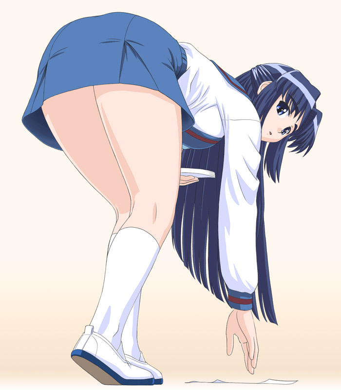tofu juuji, asakura ryoko, suzumiya haruhi no yuuutsu, 00s, 1girl, ass, bent over, blue eyes, blue hair, female focus, from behind, from below, long hair, looking back, matching hair/eyes, school uniform, serafuku, skirt, solo, thighs