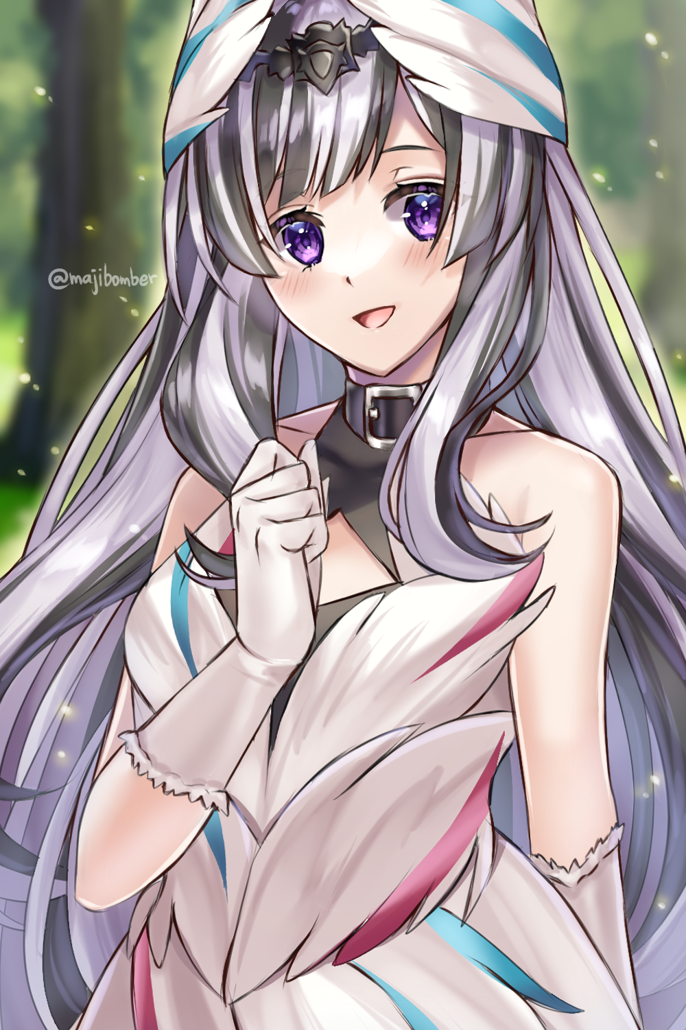 maji (majibomber), veyle (fire emblem), fire emblem, fire emblem engage, nintendo, highres, 1girl, black choker, black hair, choker, dark persona, gloves, grey hair, hair ornament, long hair, looking at viewer, multicolored hair, purple eyes, smile, solo, two-tone hair, very long hair, wavy hair, wing hair ornament