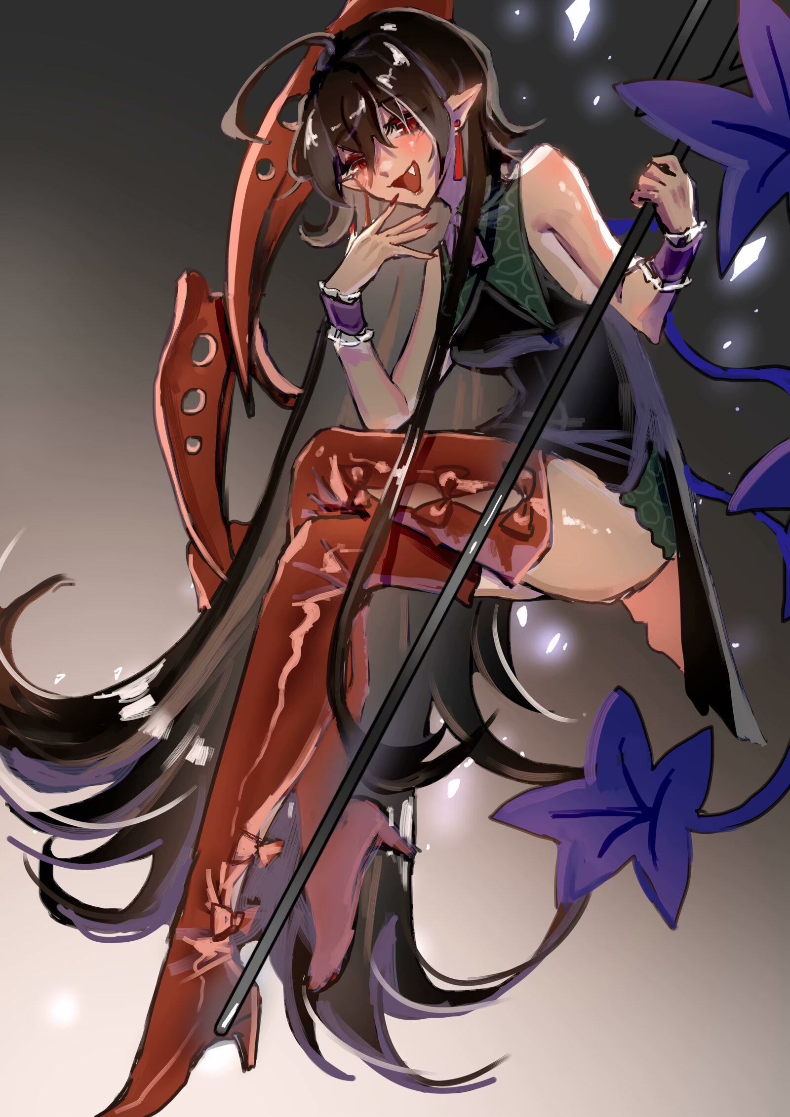 shouxishao jiuyuan, houjuu nue, houjuu nue (the unidentified overly fantastic flying girl), touhou, touhou lostword, commentary request, highres, 1girl, ahoge, black dress, black hair, blush, boots, breasts, dress, earrings, fang, grey background, holding, holding polearm, holding weapon, jewelry, long hair, medium breasts, open mouth, pointy ears, polearm, red boots, red eyes, sleeveless, sleeveless dress, solo, thigh boots, trident, very long hair, weapon, wrist cuffs