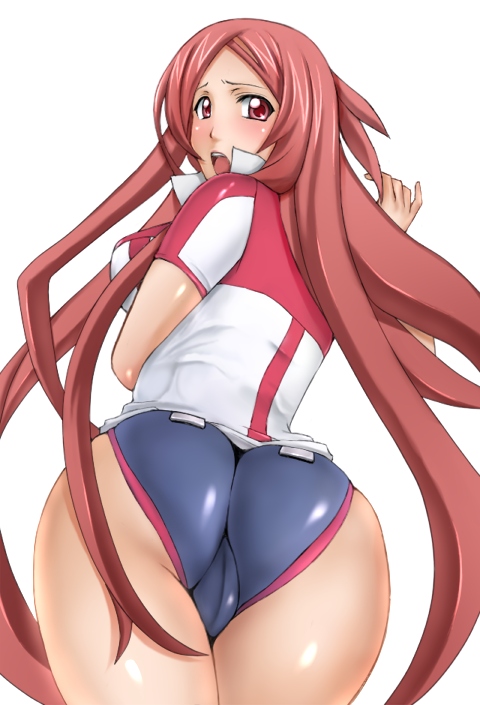metadora, toa (dragonaut), dragonaut, 00s, 1girl, ass, ass focus, blush, breasts, cameltoe, female focus, from behind, huge ass, large breasts, long hair, looking back, one-piece swimsuit, pink hair, pussy, red eyes, solo, swimsuit, swimsuit under clothes, trefoil, very long hair