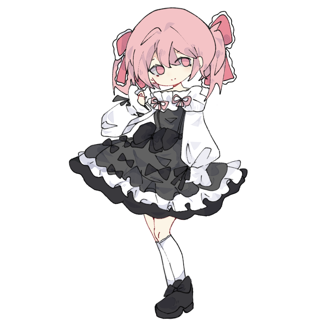 a wuqi, kaname madoka, mahou shoujo madoka magica, mahou shoujo madoka magica (anime), chinese commentary, commentary request, 1girl, alternate costume, black bow, black dress, black shoes, bow, clenched hand, closed mouth, dress, dress bow, eyelashes, footwear bow, frilled bow, frilled dress, frilled sleeves, frills, full body, hair between eyes, hair bow, happy, kneehighs, loafers, long sleeves, looking to the side, loose hair strand, medium dress, pink bow, pink eyes, pink hair, puffy long sleeves, puffy sleeves, shoes, short hair, short twintails, simple background, sleeve bow, sleeves past fingers, sleeves past wrists, smile, socks, solo, standing, twintails, white background, white socks
