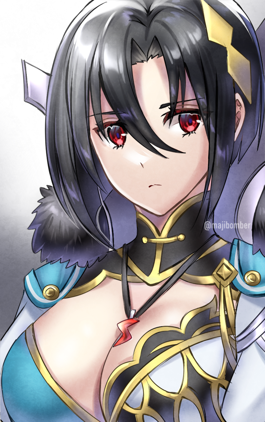maji (majibomber), nel (fire emblem), fire emblem, fire emblem engage, nintendo, highres, 1girl, armored collar, black hair, breasts, cleavage, cleavage cutout, clothing cutout, fur trim, hair between eyes, jewelry, large breasts, looking at viewer, necklace, red eyes, solo