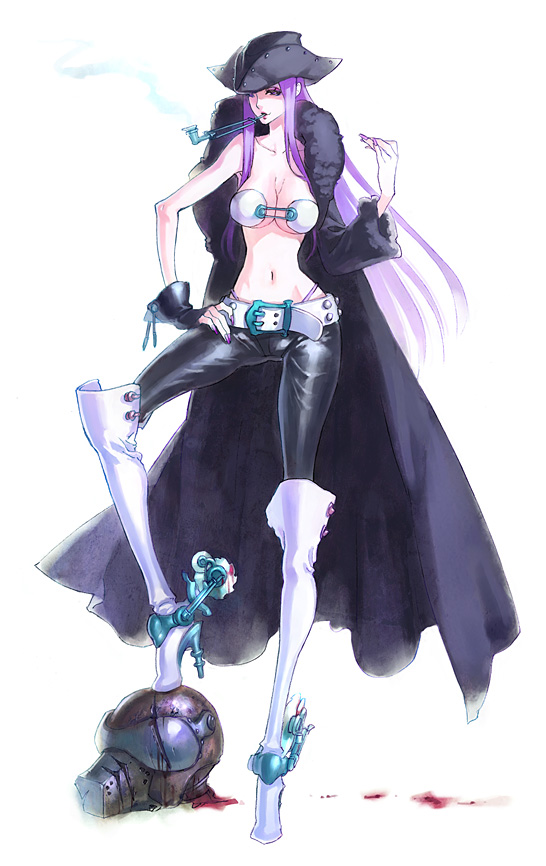 1girl, boots, breasts, cleavage, coat, cowboy hat, female focus, hat, high heel boots, high heels, long coat, long hair, medium breasts, midriff, pipe in mouth, pirate, purple hair, smoking, smoking pipe, solo, spurs, thigh boots, thighhighs