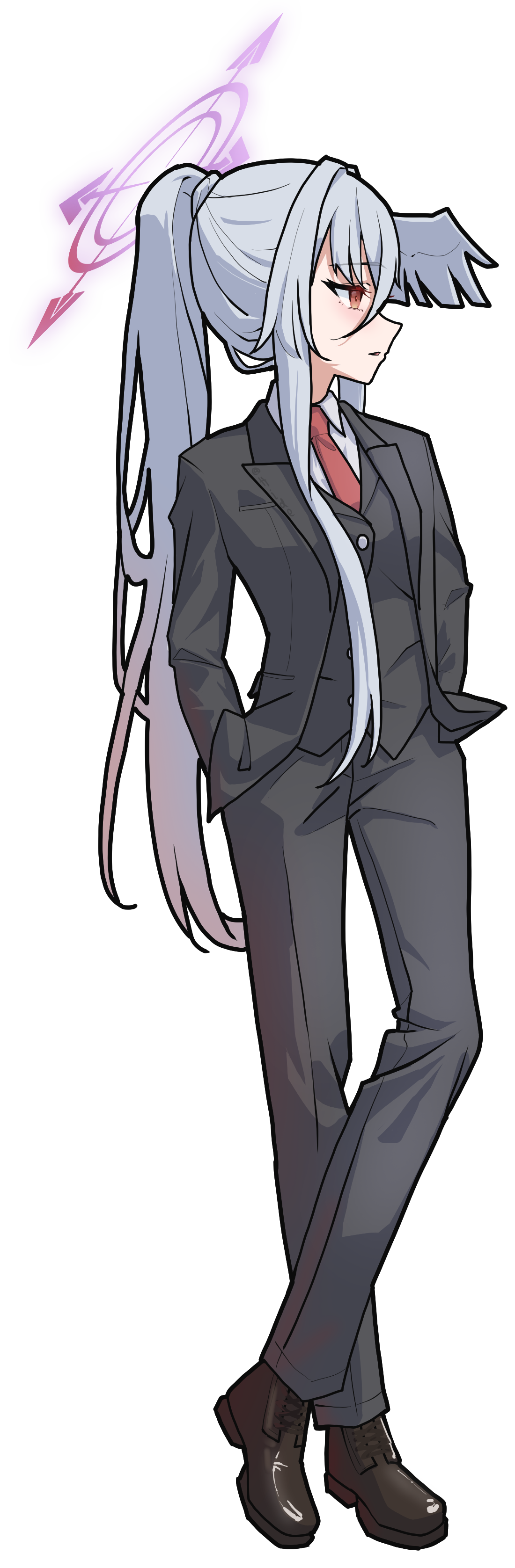 hide21find57, suzumi (blue archive), blue archive, absurdres, highres, 1girl, black jacket, black pants, black shoes, black vest, brown eyes, collared shirt, crossed legs, feathered wings, gradient hair, grey hair, grey wings, hair between eyes, halo, hands in pockets, head wings, jacket, long hair, multicolored hair, necktie, pants, pink hair, ponytail, red necktie, shirt, shoes, simple background, single head wing, solo, standing, standing on one leg, very long hair, vest, white background, white shirt, wings
