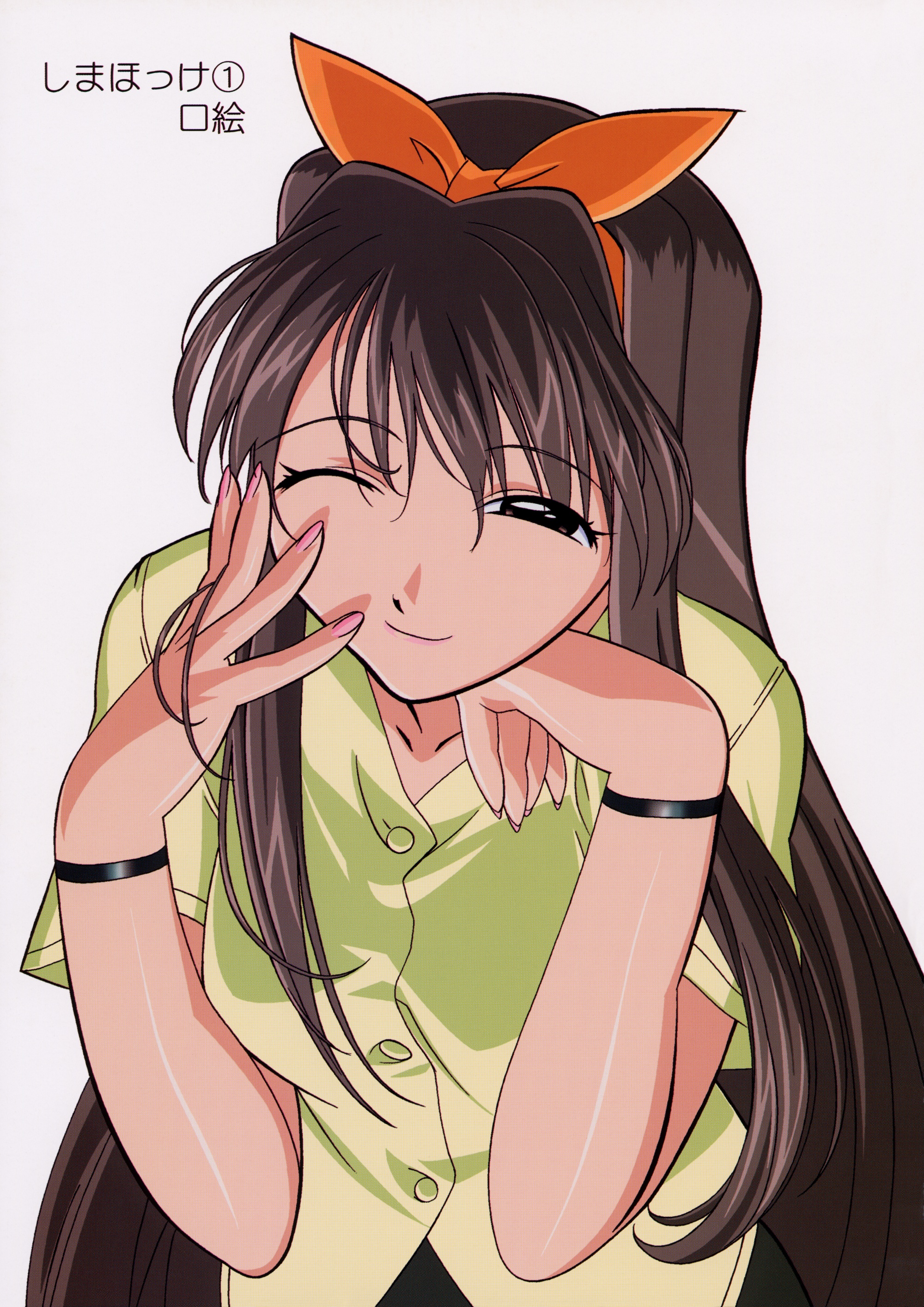 kuroda kazuya, ezra veil, vandread, absurdres, highres, 00s, brown eyes, brown hair, hair ribbon, long hair, one eye closed, ribbon, smile, solo, wink