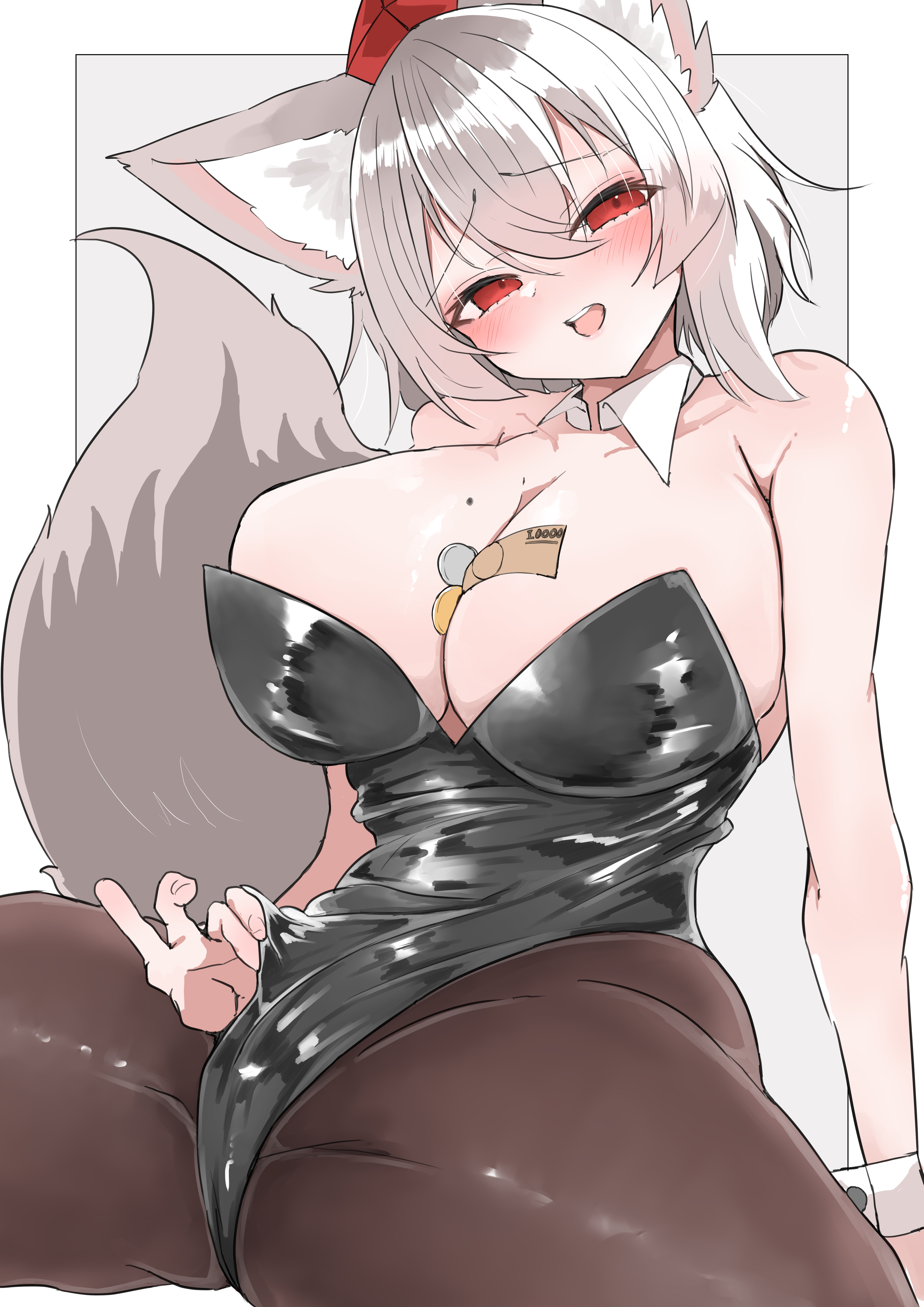 regua, inubashiri momiji, touhou, absurdres, commentary request, highres, 1girl, alternate costume, animal ears, banknote, black leotard, blush, breasts, brown pantyhose, coin, cowboy shot, detached collar, hat, head tilt, large breasts, leotard, leotard pull, looking at viewer, mole, mole on breast, money, open mouth, pantyhose, red eyes, red hat, short hair, sitting, smile, solo, strapless, strapless leotard, tail, tokin hat, tucked money, white background, white hair, wolf ears, wolf girl, wolf tail