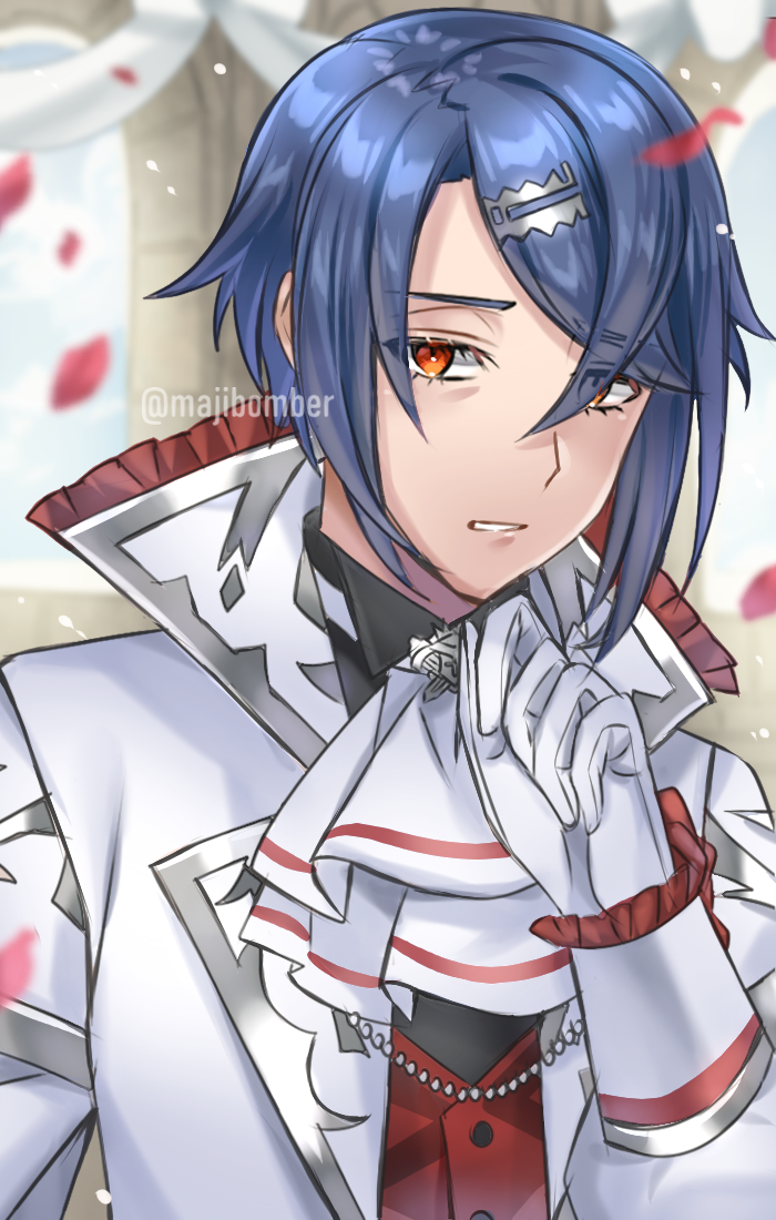 maji (majibomber), alcryst (fire emblem), alcryst (groom) (fire emblem), fire emblem, fire emblem engage, fire emblem heroes, nintendo, 1boy, ascot, blue hair, formal clothes, groom, hair ornament, hairclip, looking at viewer, male focus, official alternate costume, prince, solo, suit, swept bangs, wedding suit, white suit