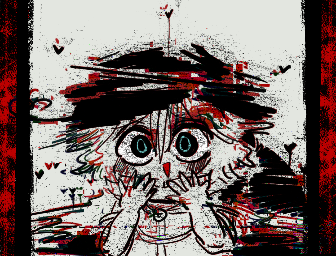 aodo mikan, cine hamal, kuzu suzumi, koishi komeiji's heart-throbbing adventure, len'en, touhou, 1other, bare arms, blue eyes, blush, border, choker, chromatic aberration, crazy, eye brooch, floating cape, glitch, hair between eyes, hands on own cheeks, hands on own face, heart, jacket, open clothes, open jacket, open mouth, parody, partially colored, pillarboxed, red border, shirt, short hair, sleeveless, sleeveless jacket, sleeveless shirt, solo, style parody, turban, upper body, white background