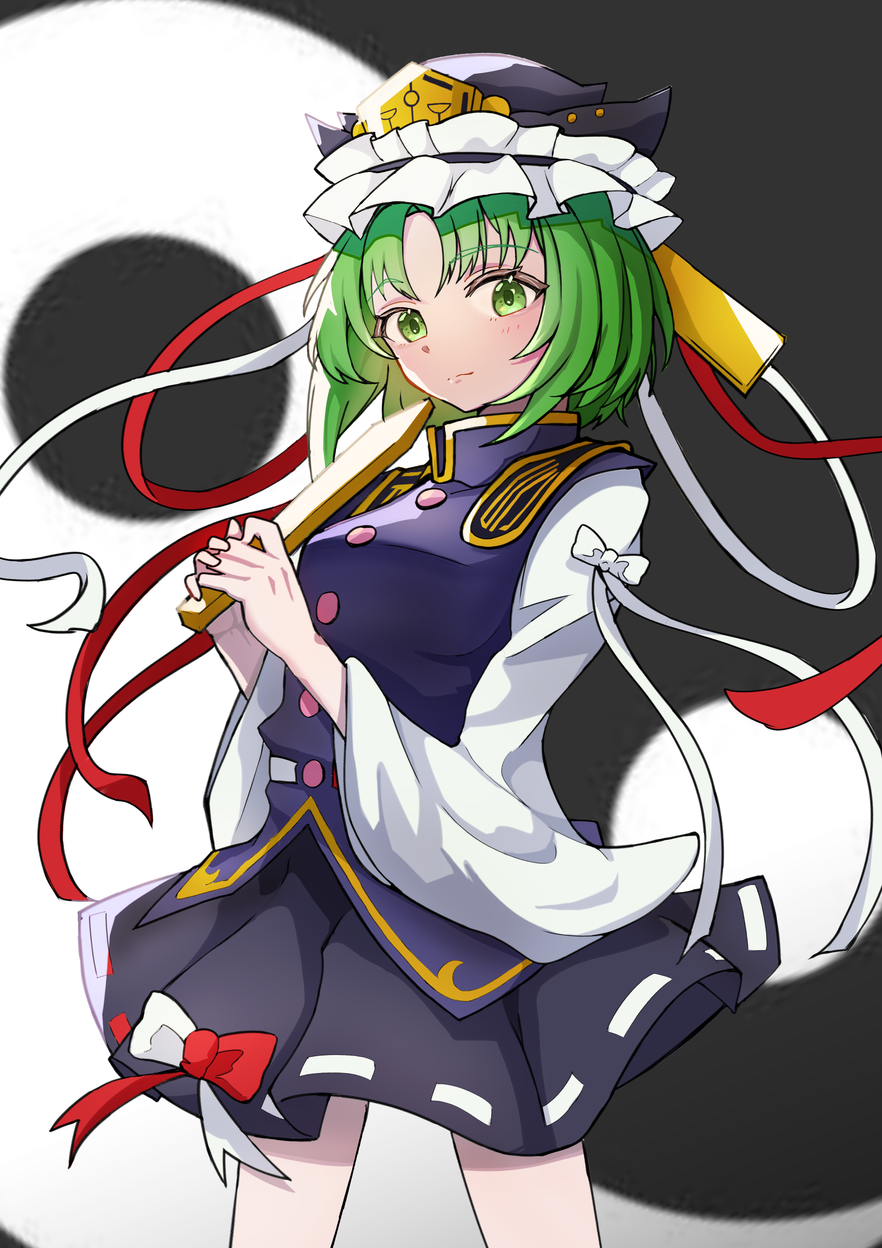 shiki eiki, touhou, absurdres, commentary request, highres, 1girl, black background, black skirt, blush, bow, breasts, buttons, closed mouth, cowboy shot, epaulettes, expressionless, frilled hat, frills, green eyes, green hair, hat, holding, long sleeves, looking at viewer, medium breasts, purple vest, ribbon-trimmed skirt, ribbon trim, rod of remorse, shirt, short hair, skirt, sleeve bow, solo, suzukiairi0001, vest, white background, white bow, white shirt, yin yang