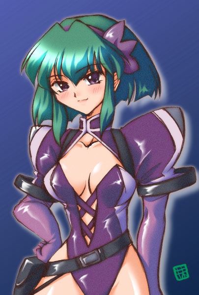 barnette orangello, vandread, 00s, 1girl, armband, belt, belt pouch, blush, bob cut, breasts, cleavage, cleavage cutout, clothing cutout, elbow gloves, female focus, gloves, green hair, hair ribbon, hairband, hand on own hip, highleg, highleg leotard, hip focus, leotard, no bra, pouch, purple eyes, ribbon, shiny clothes, short hair, signature, simple background, smile, solo, standing