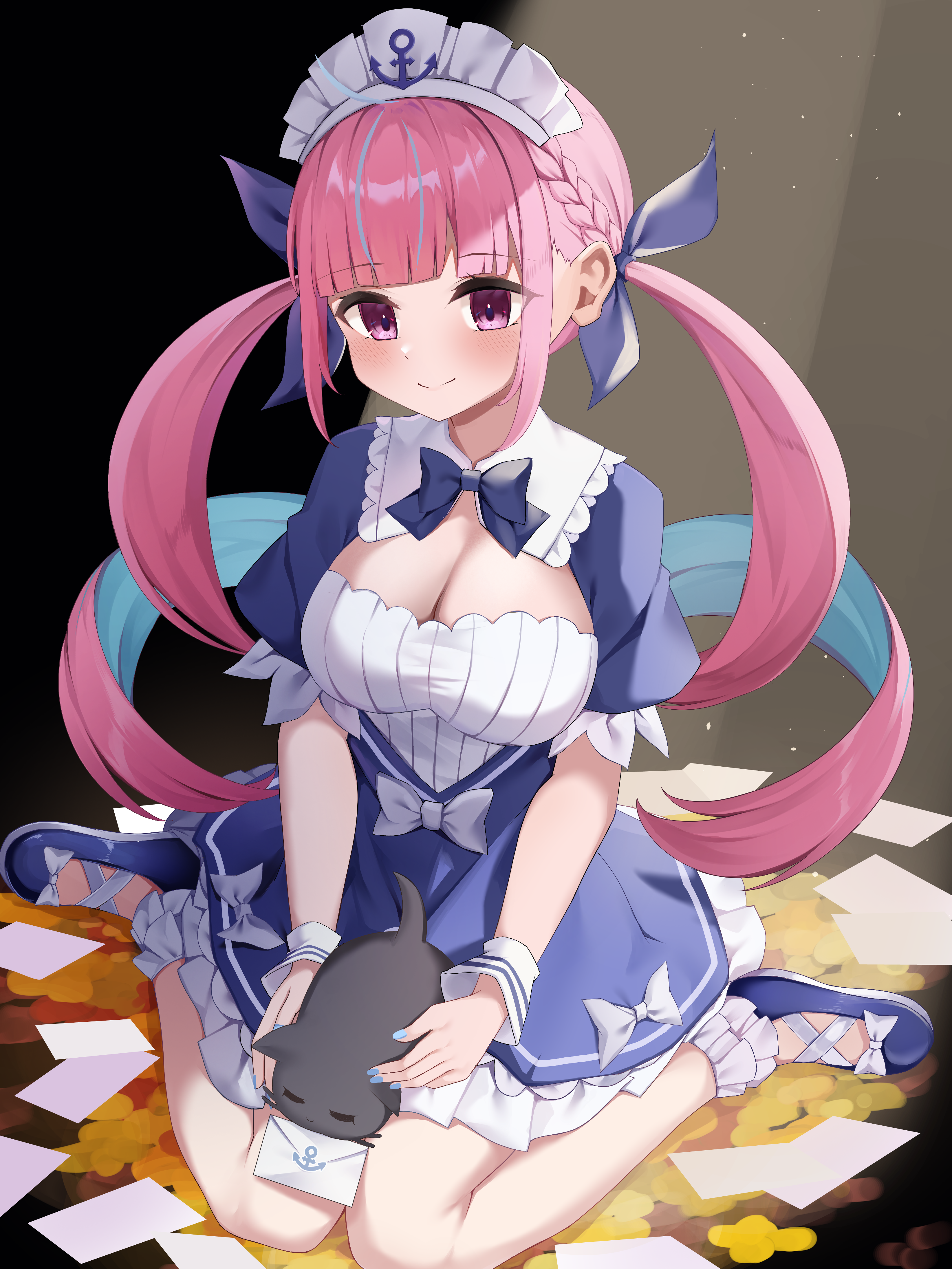 cet (hajisirazunoko), minato aqua, minato aqua (1st costume), hololive, absurdres, commentary, highres, 1girl, anchor hat ornament, anchor symbol, aqua hair, aqua nails, black cat, blue bow, blue bowtie, blue dress, blue ribbon, blue shoes, blush, bow, bowtie, braid, breasts, cat, cleavage, closed mouth, curly hair, dress, envelope, fingernails, footwear bow, hair ribbon, hat ornament, large breasts, long hair, maid, maid headdress, multicolored hair, nail polish, pink eyes, pink hair, ribbon, shoes, short sleeves, sitting, smile, streaked hair, thighs, twintails, two-tone hair, virtual youtuber, wariza, white bow, white wrist cuffs, wrist cuffs