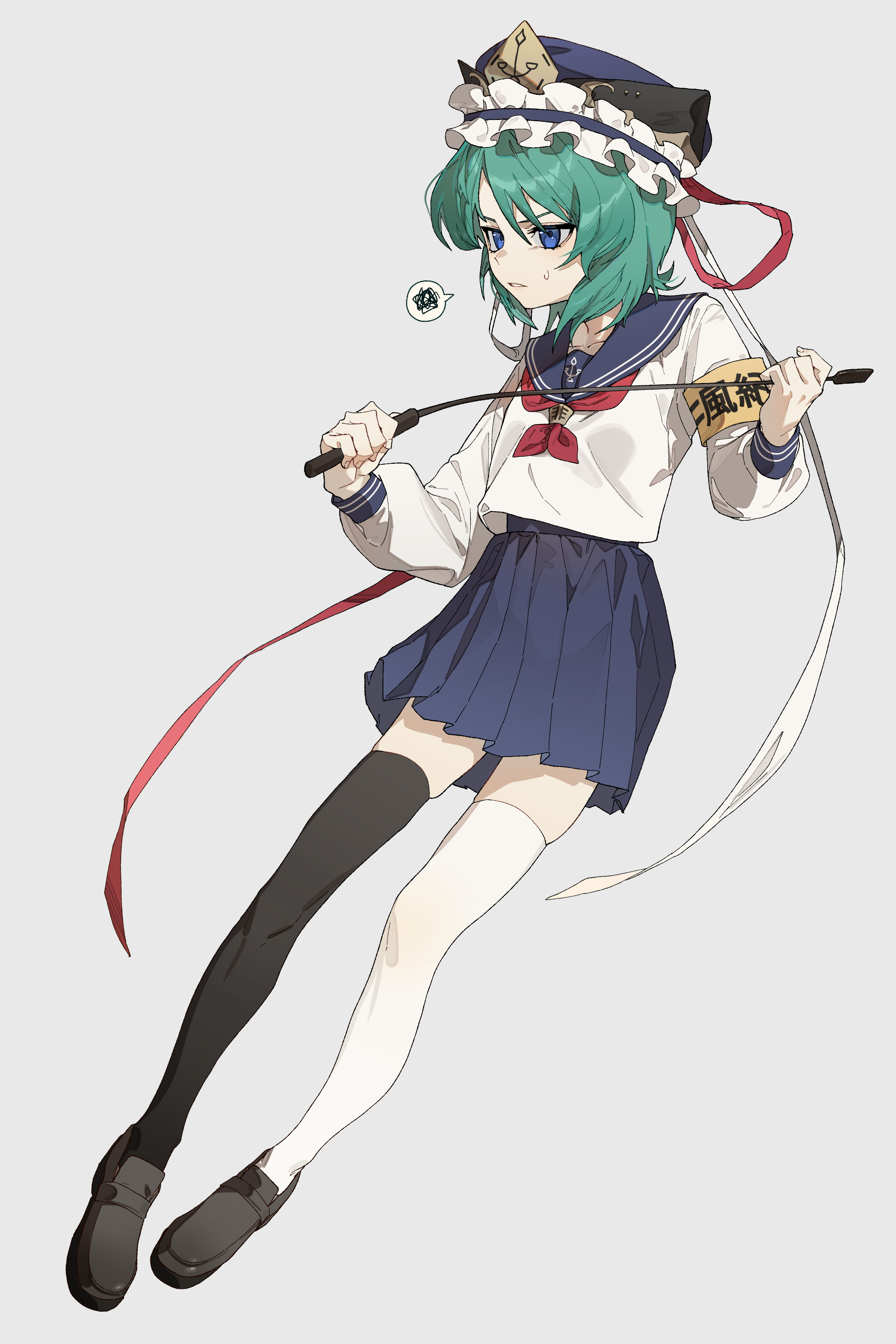 shimiya jin, shiki eiki, touhou, absurdres, commentary request, commission, highres, pixiv commission, textless version, 1girl, alternate costume, anchor symbol, armband, black shoes, black skirt, black thighhighs, blue eyes, blue hat, blue sailor collar, flat chest, frilled hat, frills, full body, green hair, grey background, hat, holding, holding riding crop, loafers, long sleeves, looking afar, mismatched thighhighs, neckerchief, pleated skirt, red neckerchief, riding crop, sailor collar, school uniform, serafuku, shirt, shoes, short hair, simple background, skirt, solo, spoken squiggle, squiggle, thighhighs, white shirt, white thighhighs