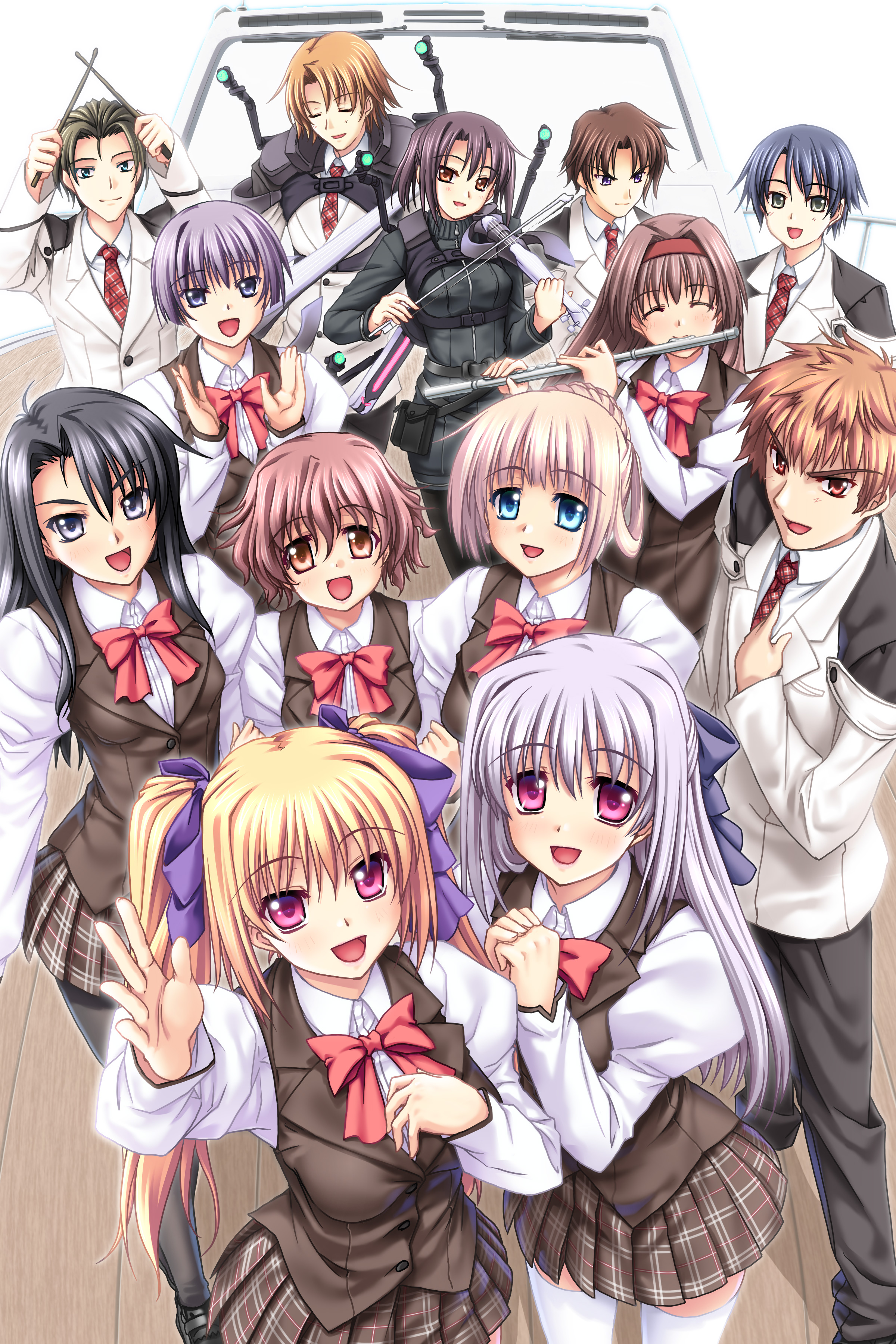 kannatsuki noboru, komaro danguis, psyche renbart, tint, tsuge eufinley, yugiri perserte, yugiri princesca, shinkyoku soukai polyphonica, absurdres, highres, 00s, 5boys, 6+girls, :d, ^ ^, black hair, blazer, blonde hair, blue hair, blush, bow, bowtie, brown hair, closed eyes, drumsticks, everyone, flute, grey hair, hair bun, hair ribbon, hairband, instrument, jacket, long hair, messy hair, multiple boys, multiple girls, necktie, open mouth, orange hair, pantyhose, pink hair, plaid clothes, plaid skirt, ponytail, ribbon, school uniform, serafuku, short hair, siblings, single hair bun, sisters, skirt, smile, standing, thighhighs, vest, violin, waving, white thighhighs, zettai ryouiki