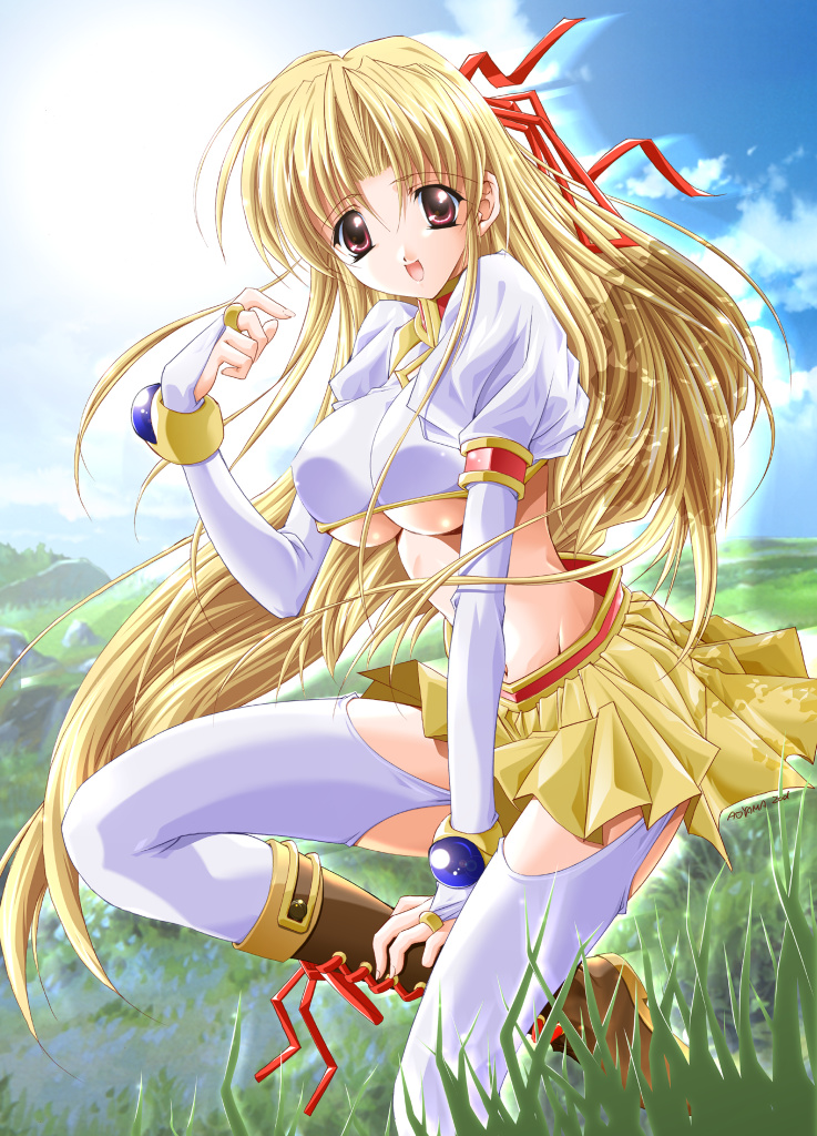 asuka keisuke, shirufana, lunar wing, 1girl, blonde hair, breasts, female focus, large breasts, solo, thighhighs