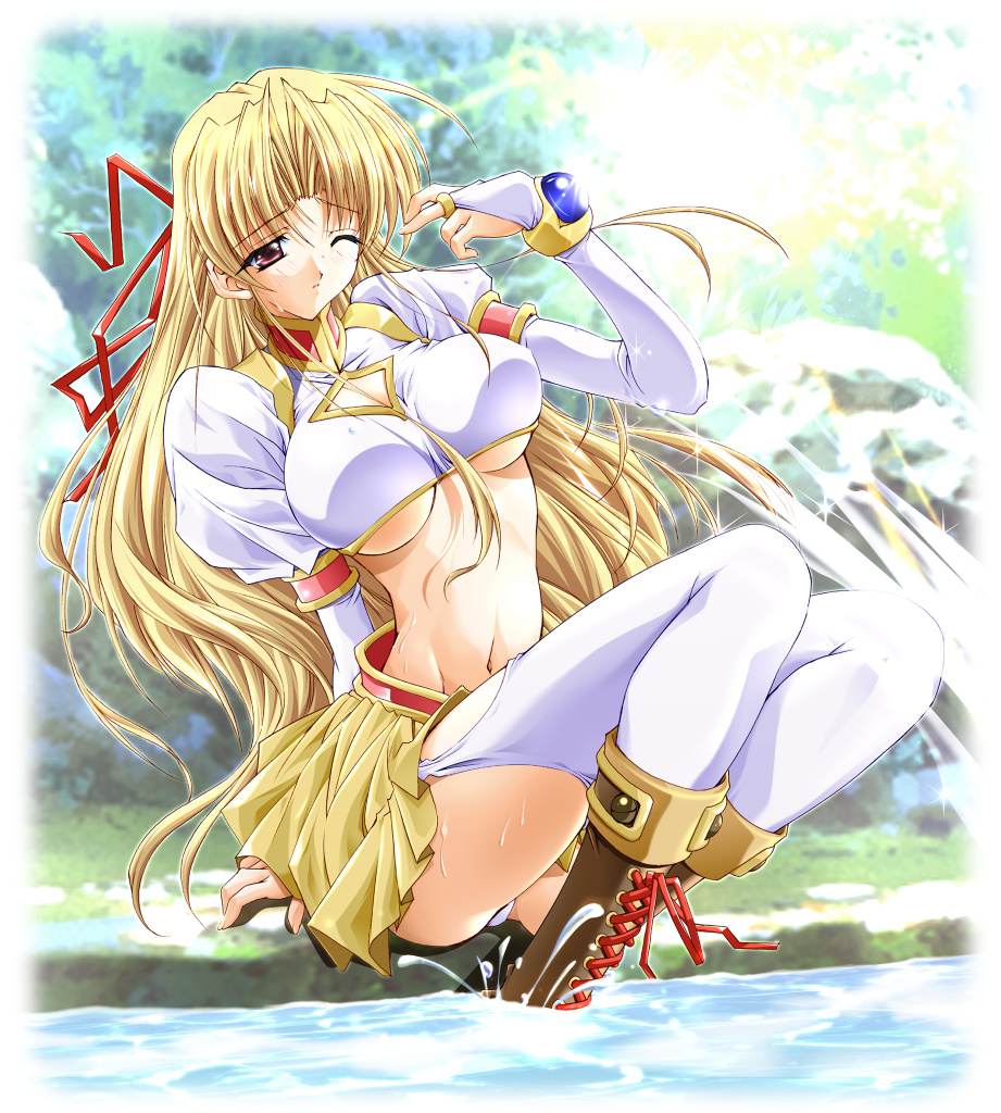 asuka keisuke, shirufana, lunar wing, 1girl, armlet, blonde hair, boots, bracelet, breasts, brown eyes, day, female focus, hair ribbon, jewelry, lace-up boots, large breasts, lens flare, long hair, midriff, navel, outdoors, panties, ribbon, soaking feet, solo, sunlight, thighhighs, underboob, underwear, very long hair, water, wince