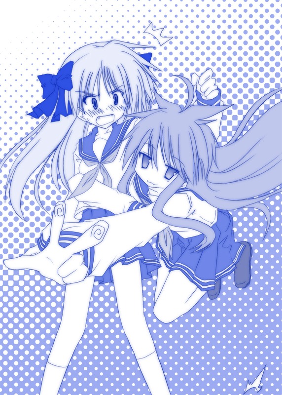 akane souichi, hiiragi kagami, izumi konata, lucky star, 00s, 2girls, blue background, blue theme, halftone, mole, mole under eye, monochrome, multiple girls, polka dot, polka dot background