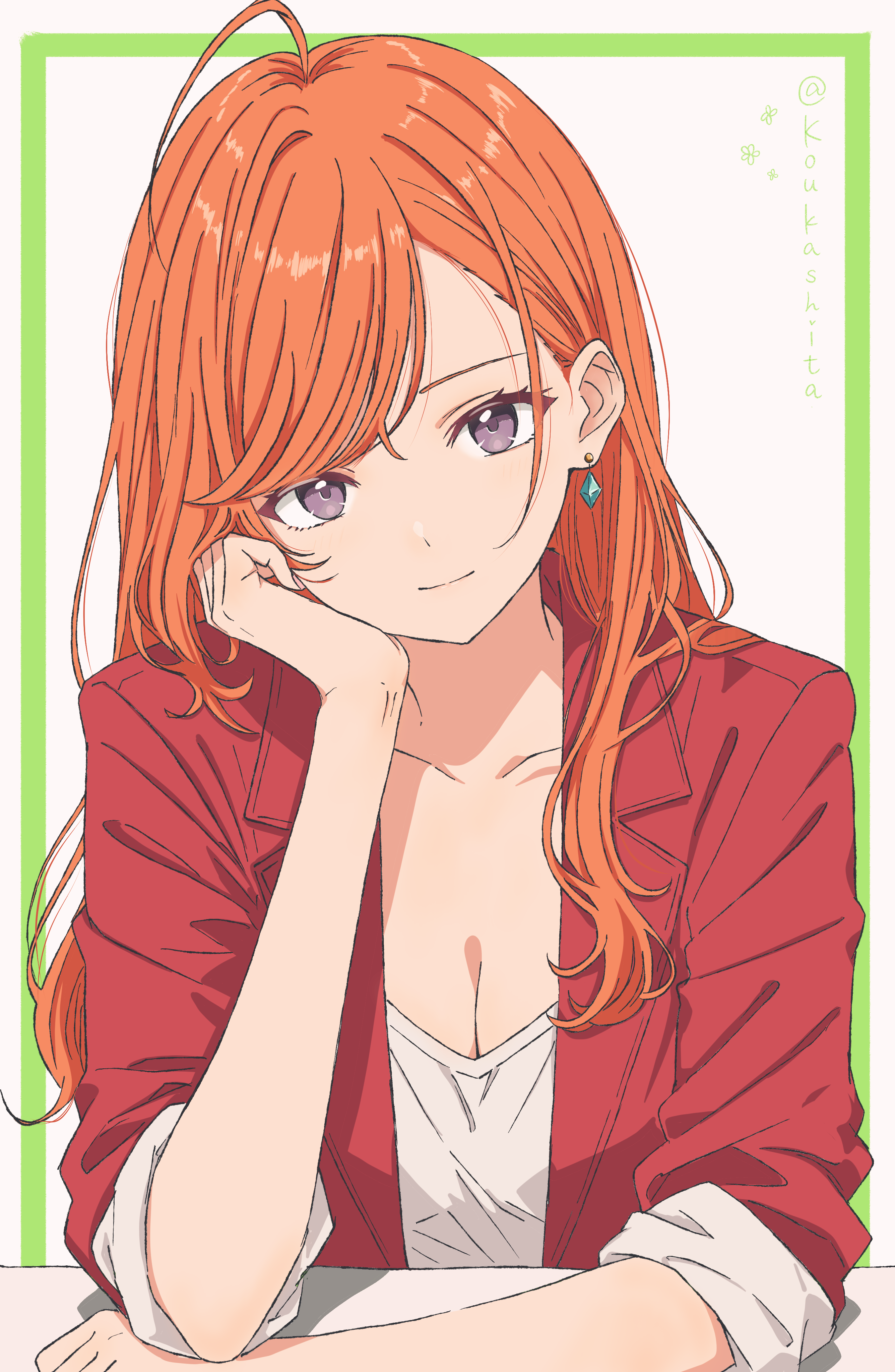 koukashita, arisugawa natsuha, idolmaster, idolmaster shiny colors, absurdres, commentary request, highres, 1girl, ahoge, arm rest, breasts, cleavage, collarbone, earrings, hand on own cheek, hand on own face, head rest, jacket, jewelry, light smile, long hair, looking at viewer, orange hair, red jacket, shirt, solo, straight hair, upper body, v-neck, very long hair, white shirt