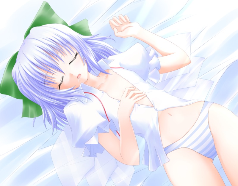 shirotsuki kouta, cirno, shoot the bullet, touhou, 1girl, female focus, flat chest, panties, solo, striped clothes, striped panties, underwear