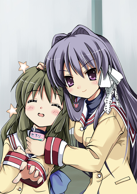 tomusooya, fujibayashi kyou, ibuki fuuko, clannad, 00s, 2girls, hair intakes, happy state, juice box, multiple girls, school uniform, serafuku